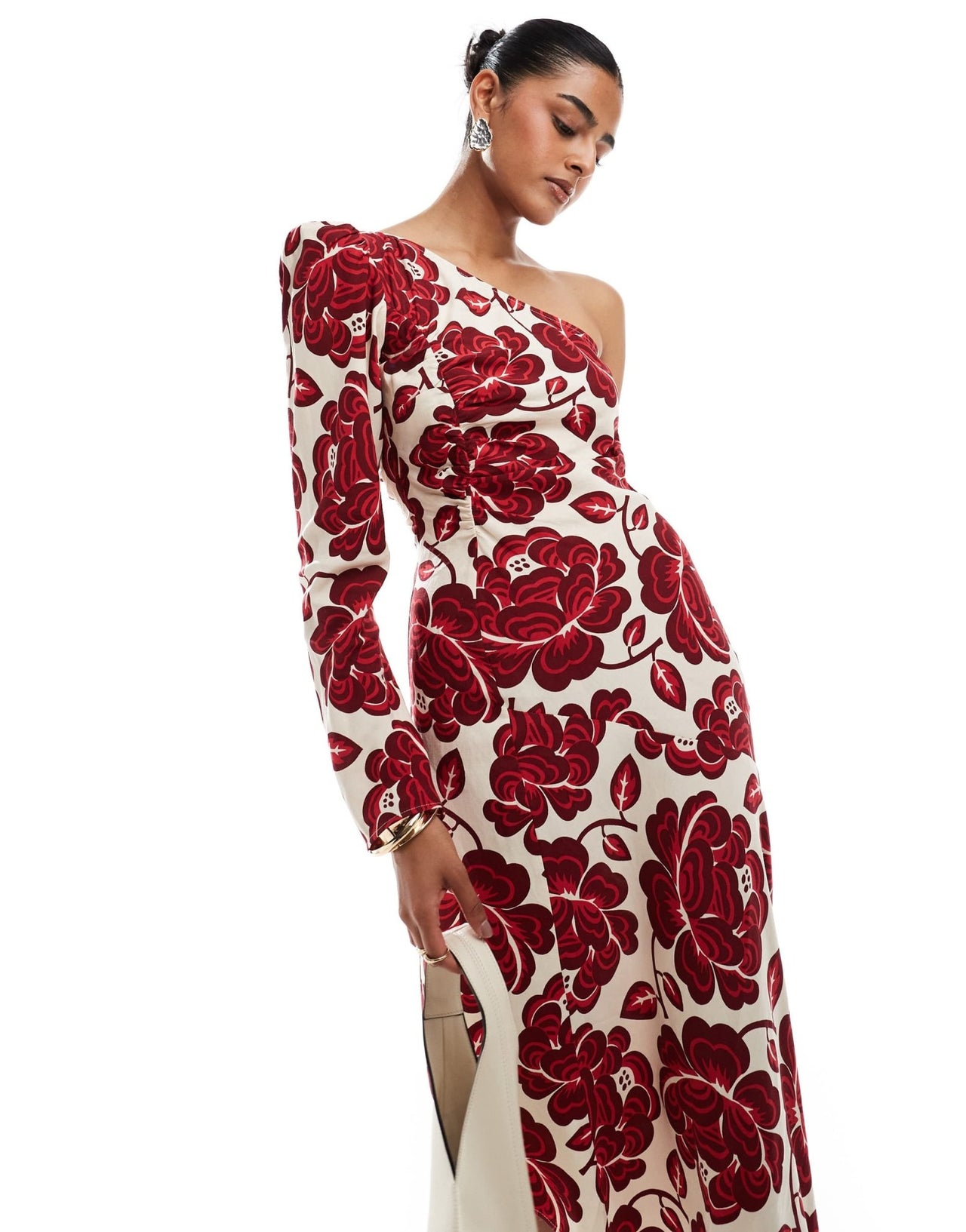 & Other Stories one shoulder long sleeve midaxi dress with asymmetric hem in bold floral print - ASOS Sample Sale