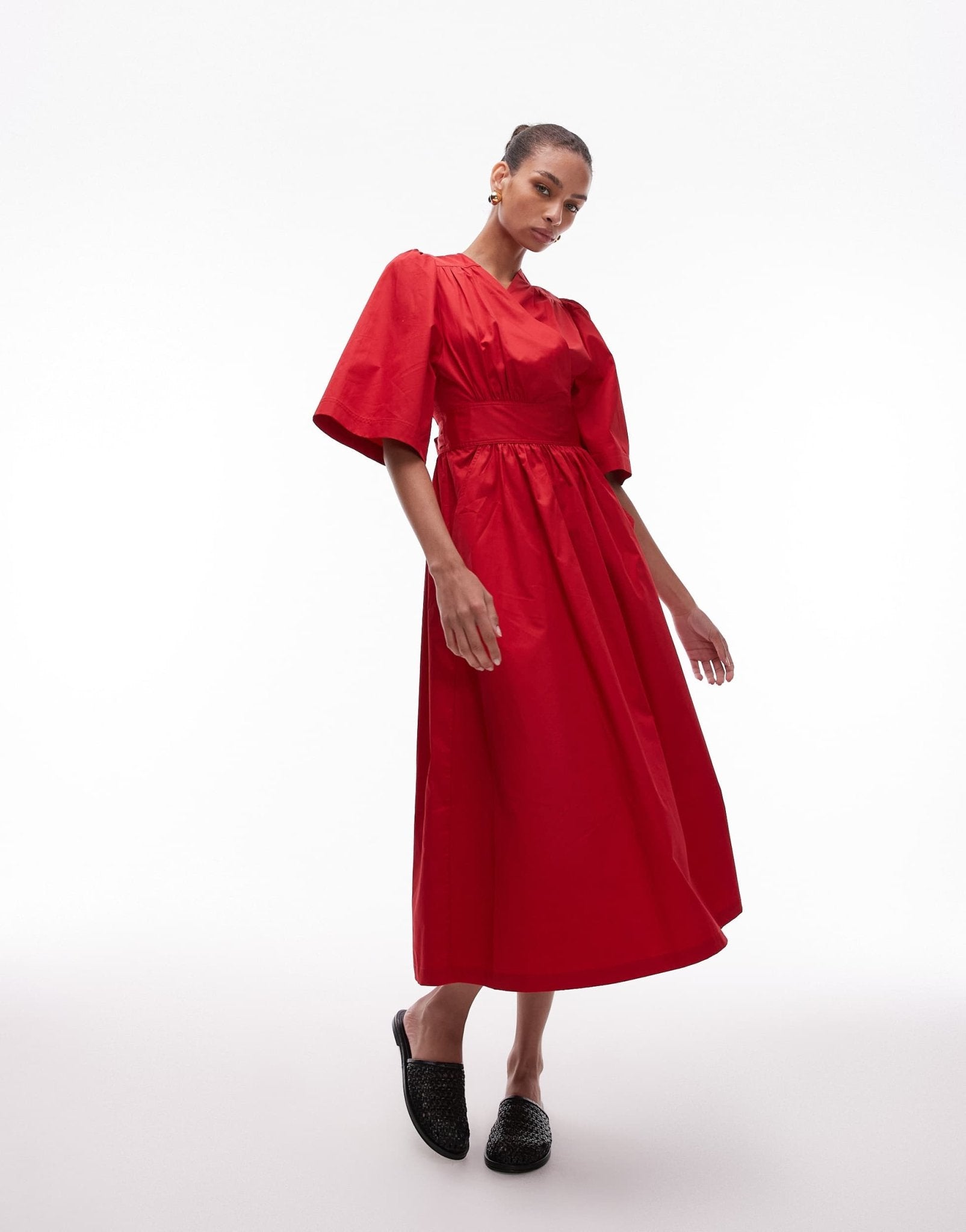 & Other Stories poplin midaxi dress with wrap front and puff sleeves in red - ASOS Sample Sale