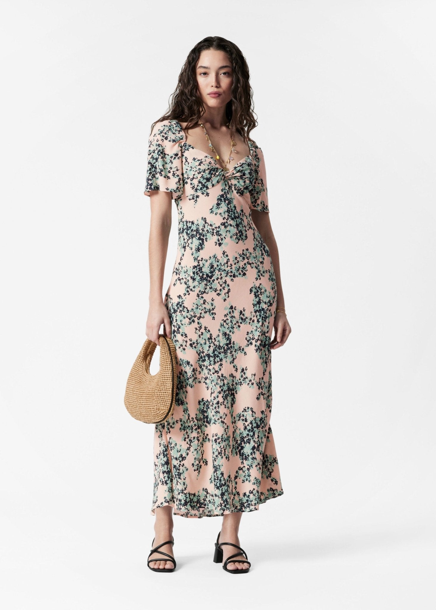 & Other Stories puff sleeve midaxi dress with twist sweetheart neckline in floral print - ASOS Sample Sale