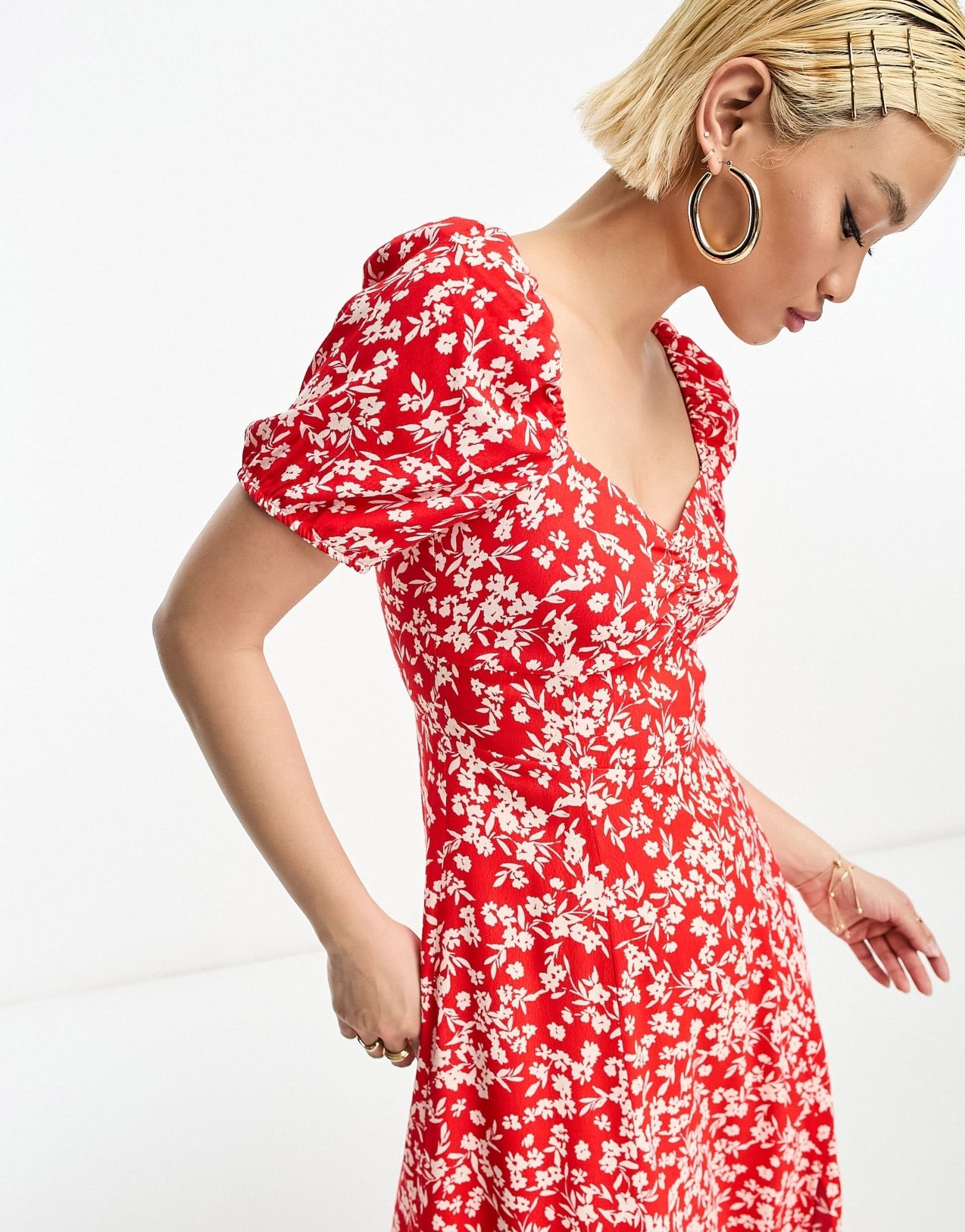 & Other Stories puff sleeve midi dress in red floral - ASOS Sample Sale