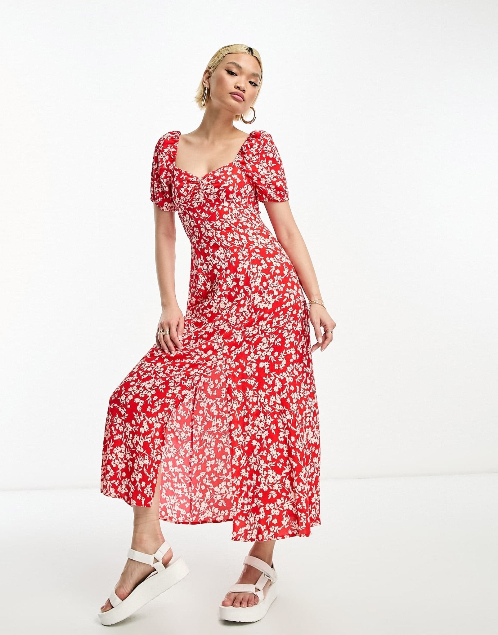 & Other Stories puff sleeve midi dress in red floral - ASOS Sample Sale