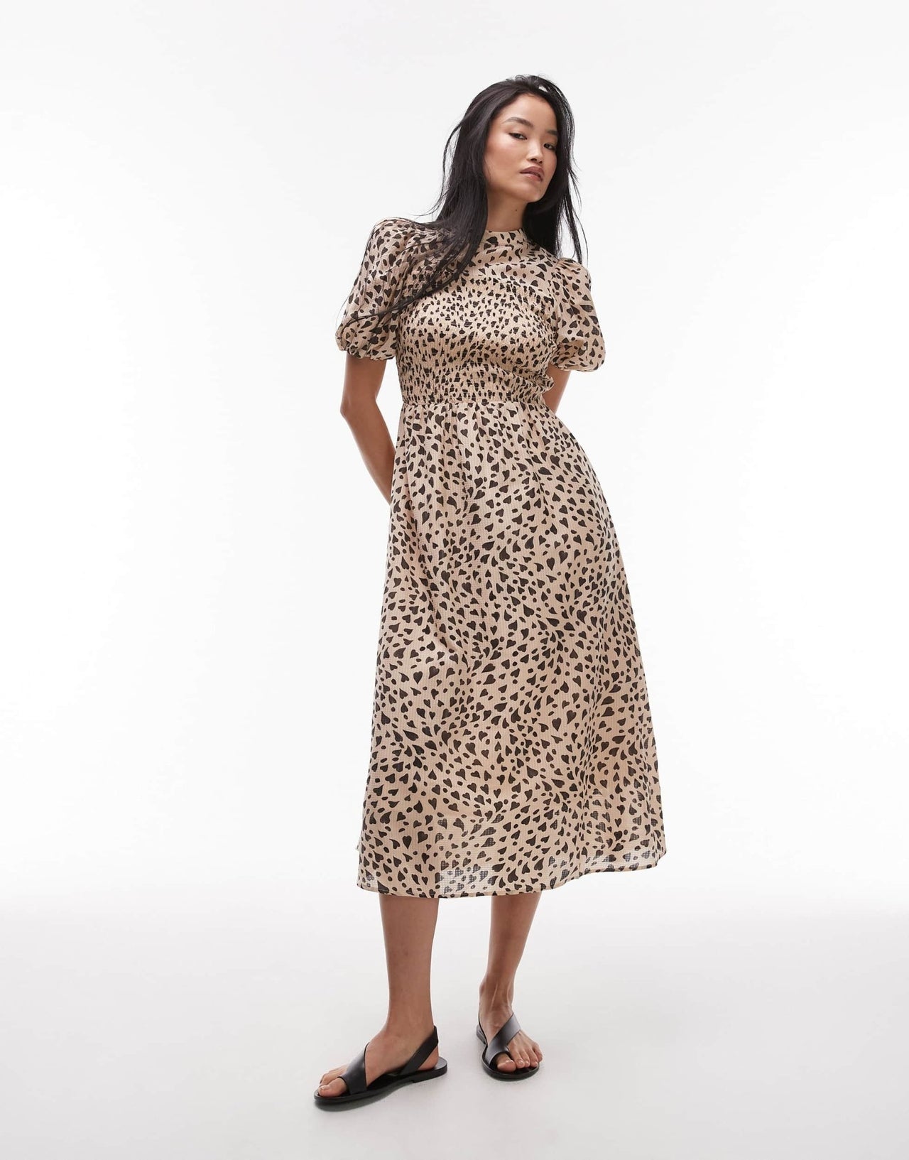 & Other Stories puff sleeves midi dress with shirred bodice in black and beige hearts print - ASOS Sample Sale
