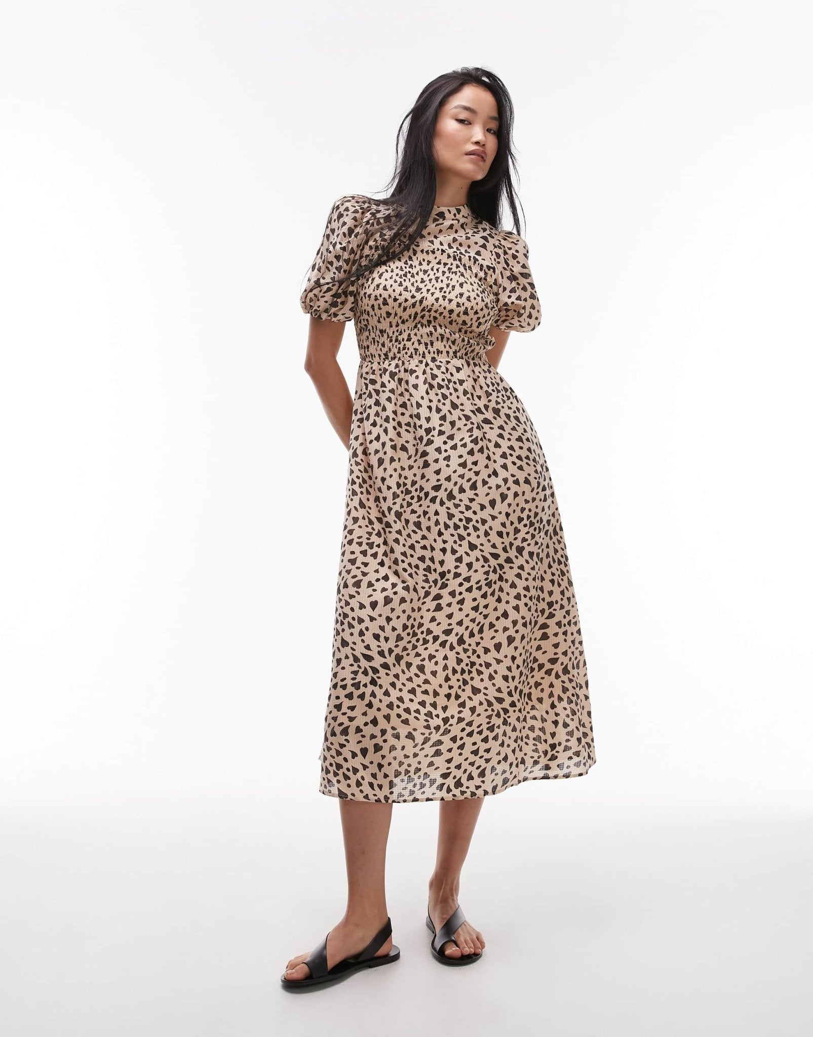 & Other Stories puff sleeves midi dress with shirred bodice in black and beige hearts print - ASOS Sample Sale