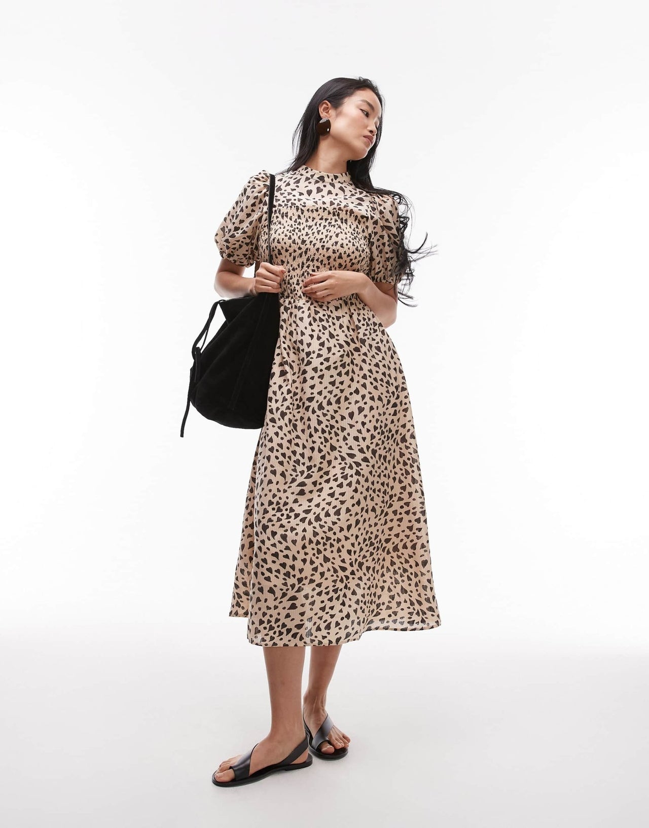 & Other Stories puff sleeves midi dress with shirred bodice in black and beige hearts print - ASOS Sample Sale