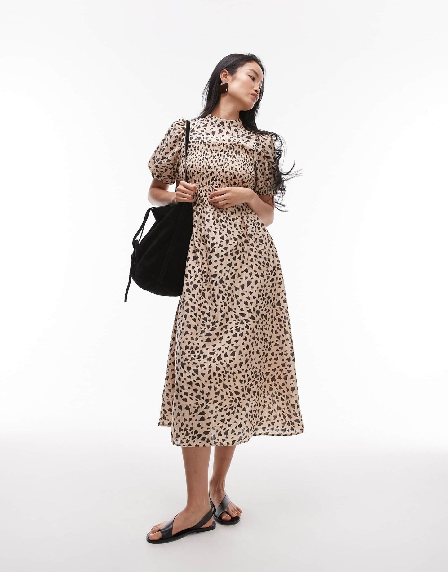 & Other Stories puff sleeves midi dress with shirred bodice in black and beige hearts print - ASOS Sample Sale