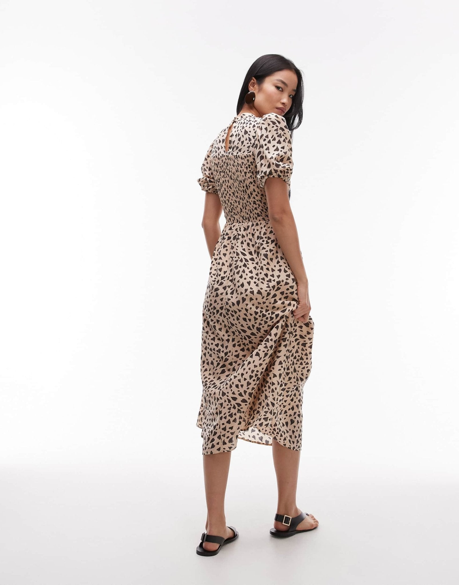 & Other Stories puff sleeves midi dress with shirred bodice in black and beige hearts print - ASOS Sample Sale