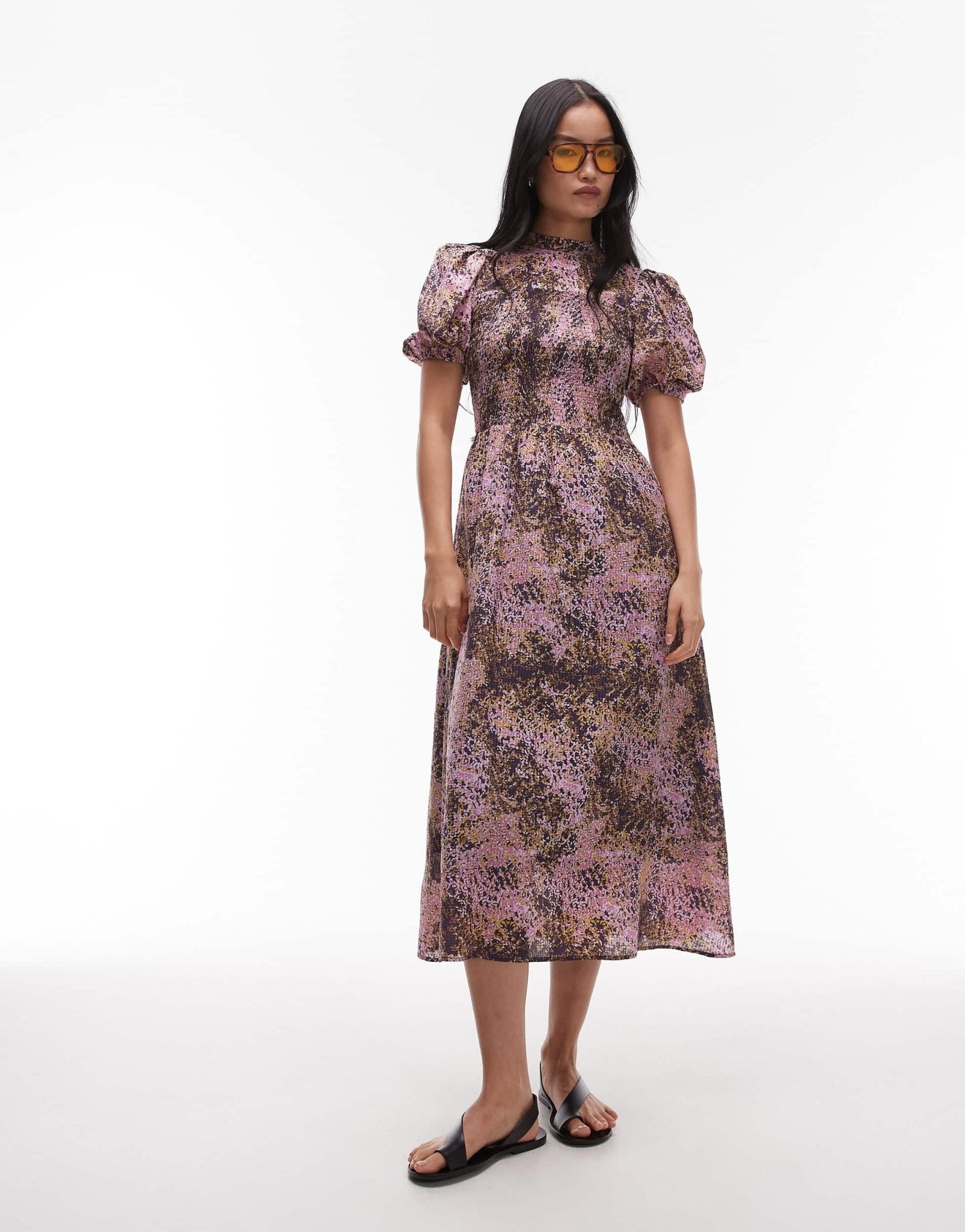 & Other Stories puff sleeves midi dress with shirred bodice in lilac abstract print - ASOS Sample Sale