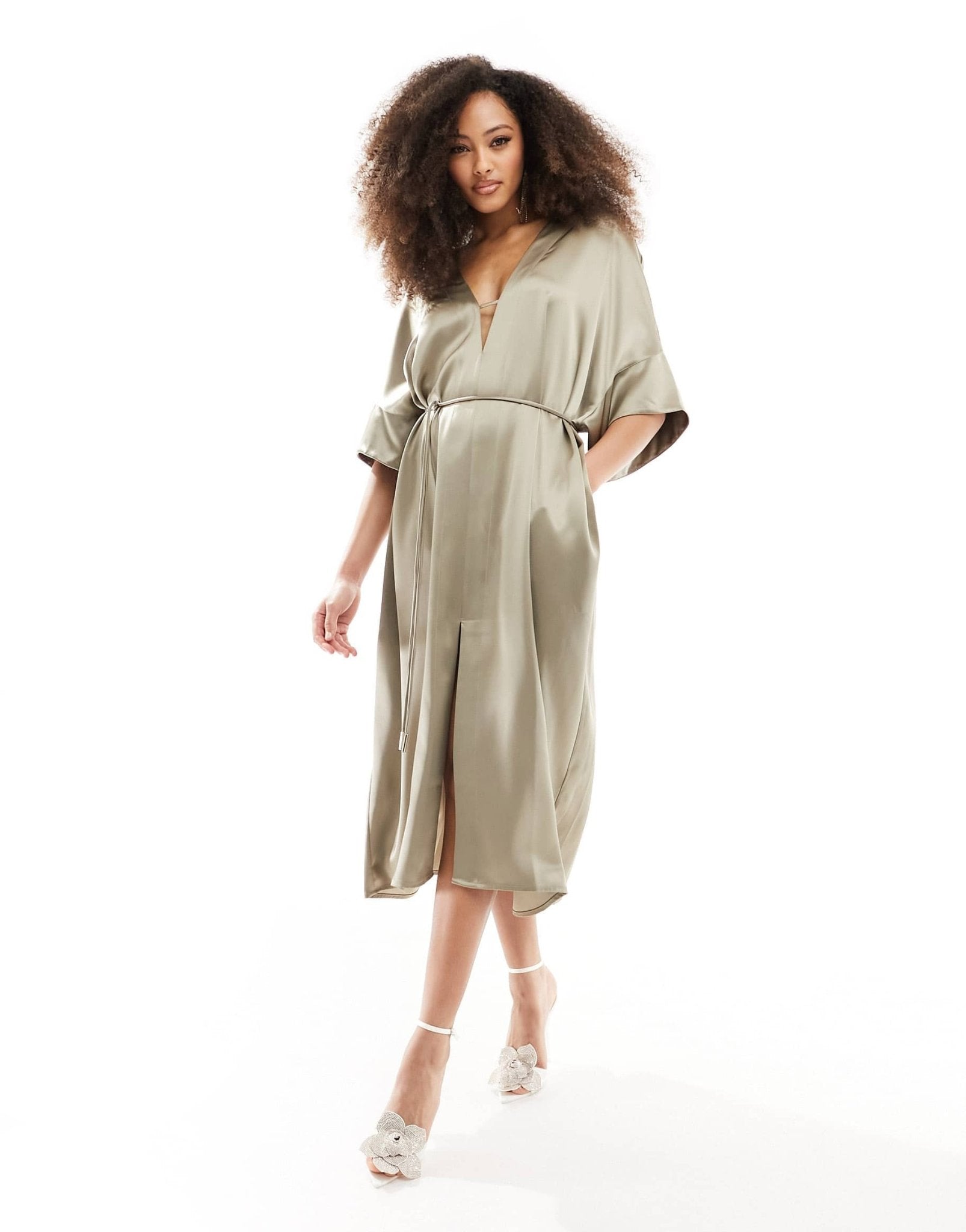 & Other Stories relaxed belted satin midi dress with front split in light mole - ASOS Sample Sale