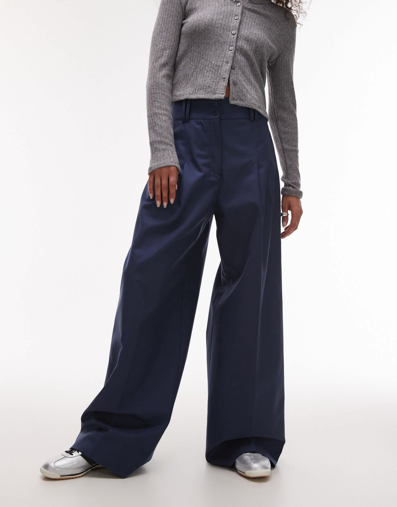 & Other Stories relaxed wide leg tailored trousers with pleat front in blue - ASOS Sample Sale