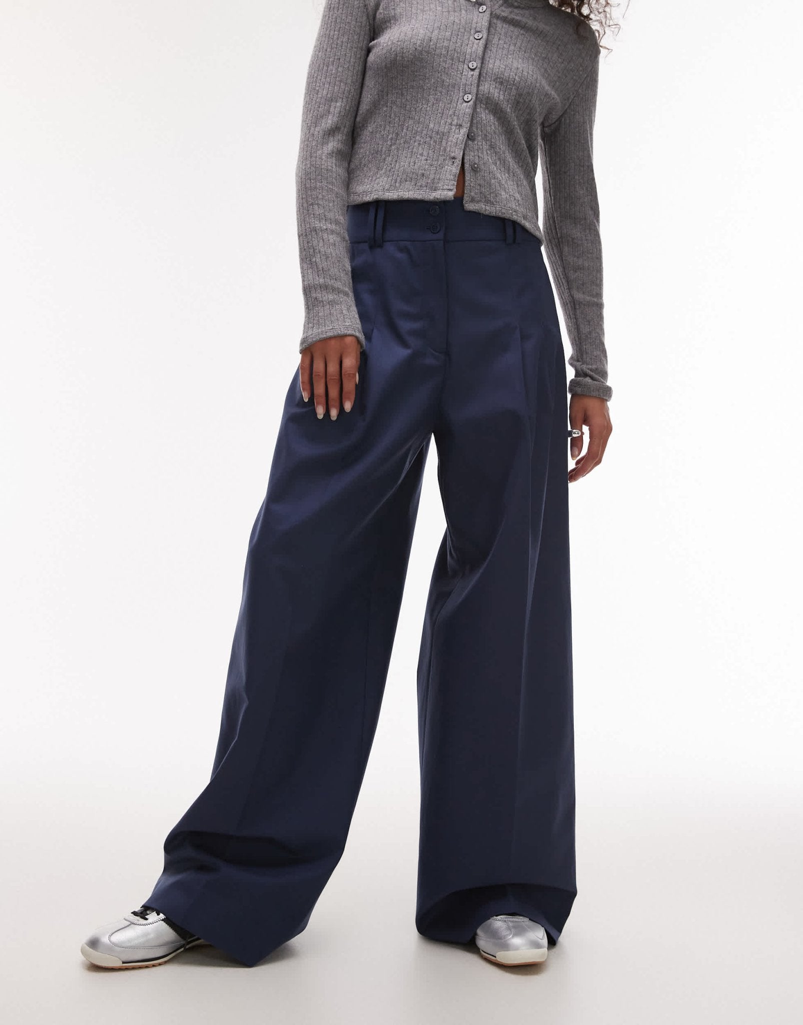 & Other Stories relaxed wide leg tailored trousers with pleat front in blue - ASOS Sample Sale