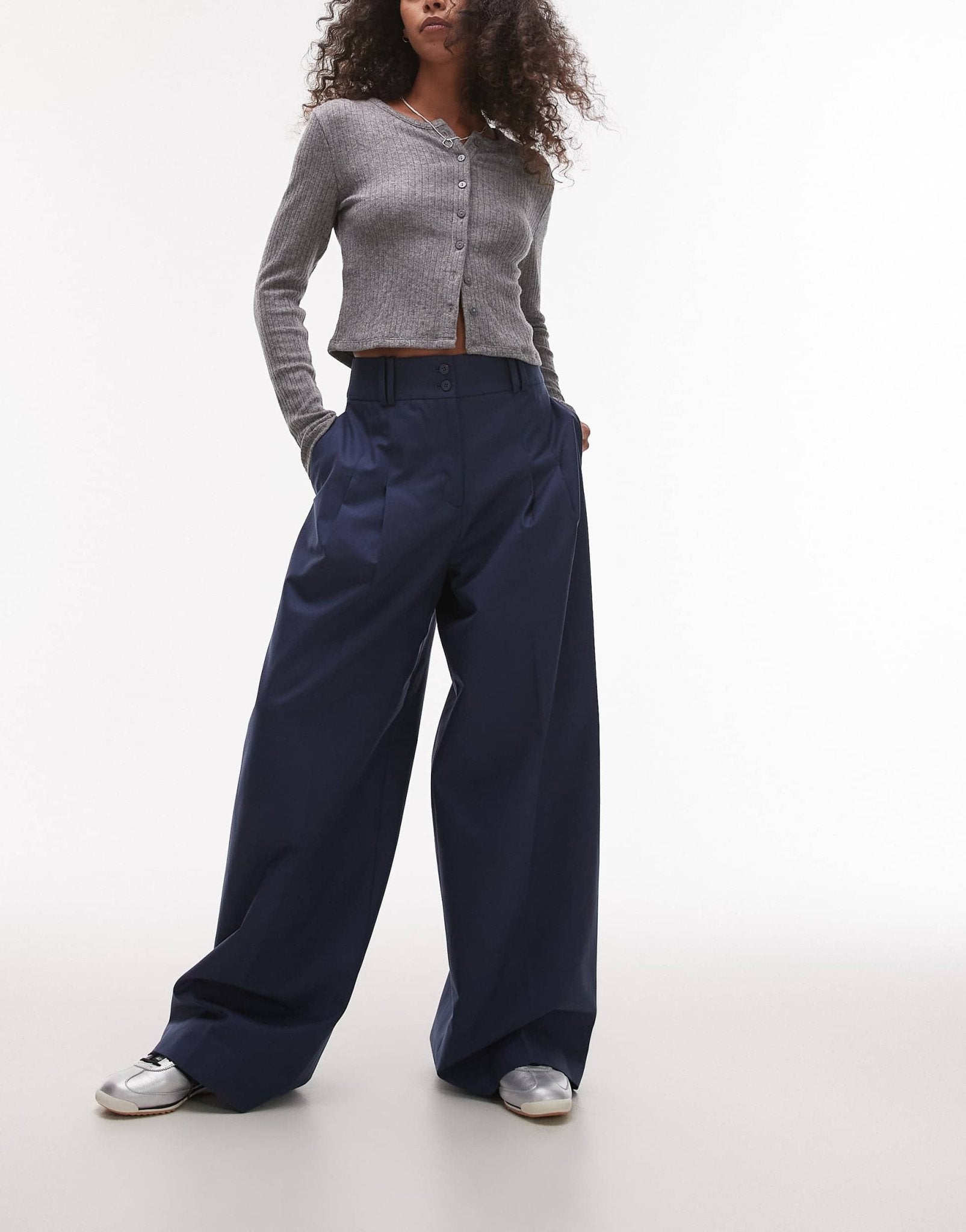 & Other Stories relaxed wide leg tailored trousers with pleat front in blue - ASOS Sample Sale
