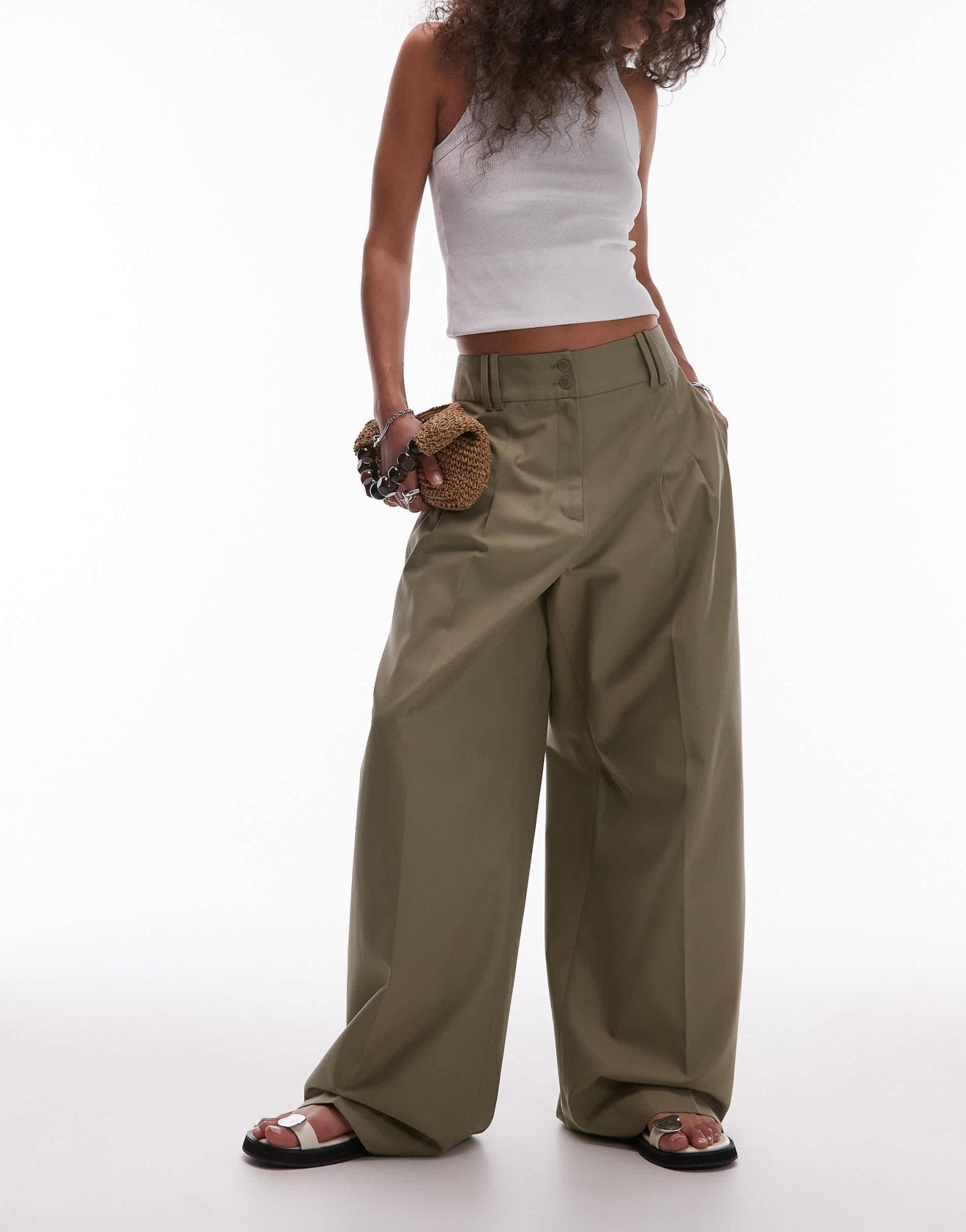 & Other Stories relaxed wide leg tailored trousers with pleat front in khaki - ASOS Sample Sale