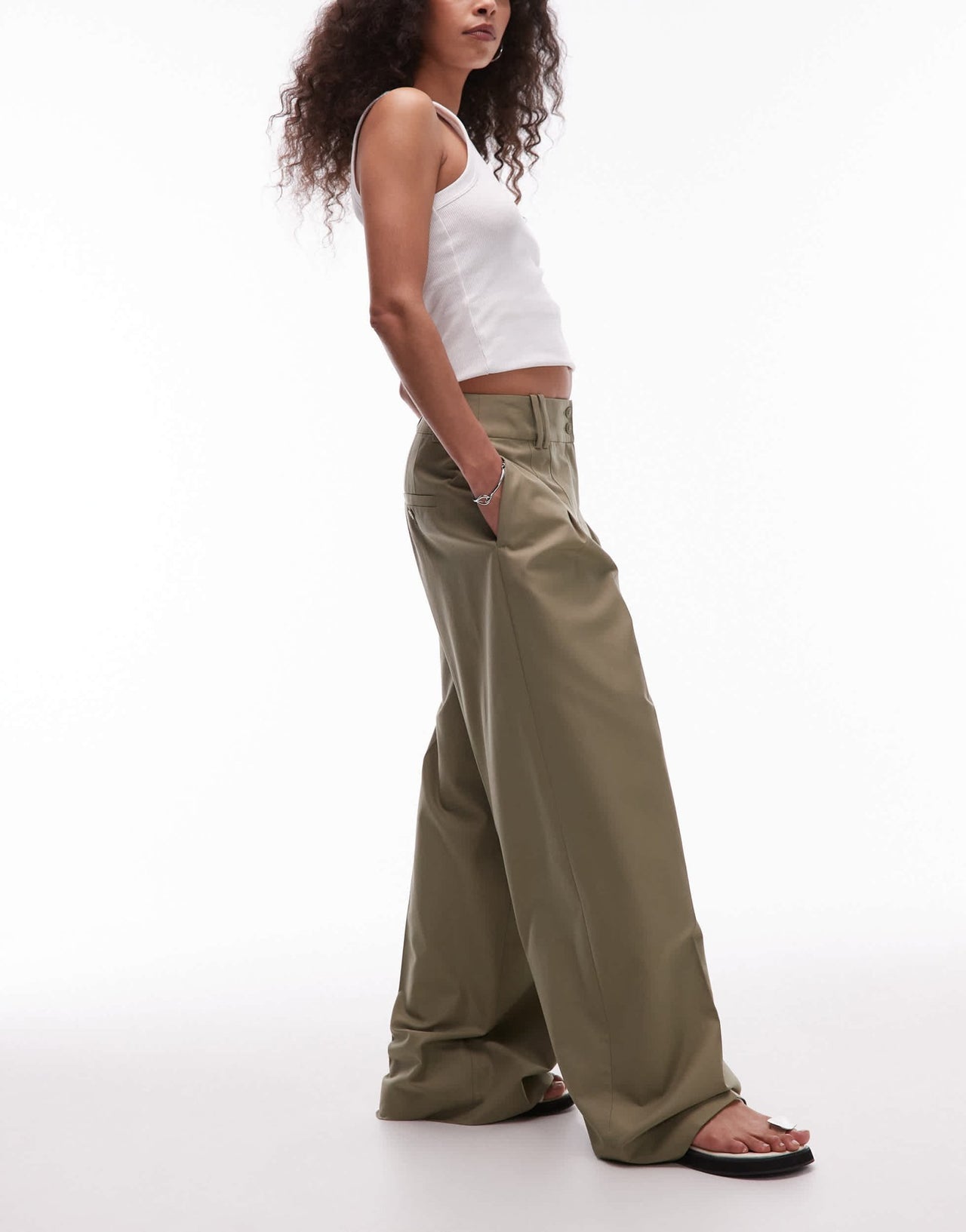 & Other Stories relaxed wide leg tailored trousers with pleat front in khaki - ASOS Sample Sale
