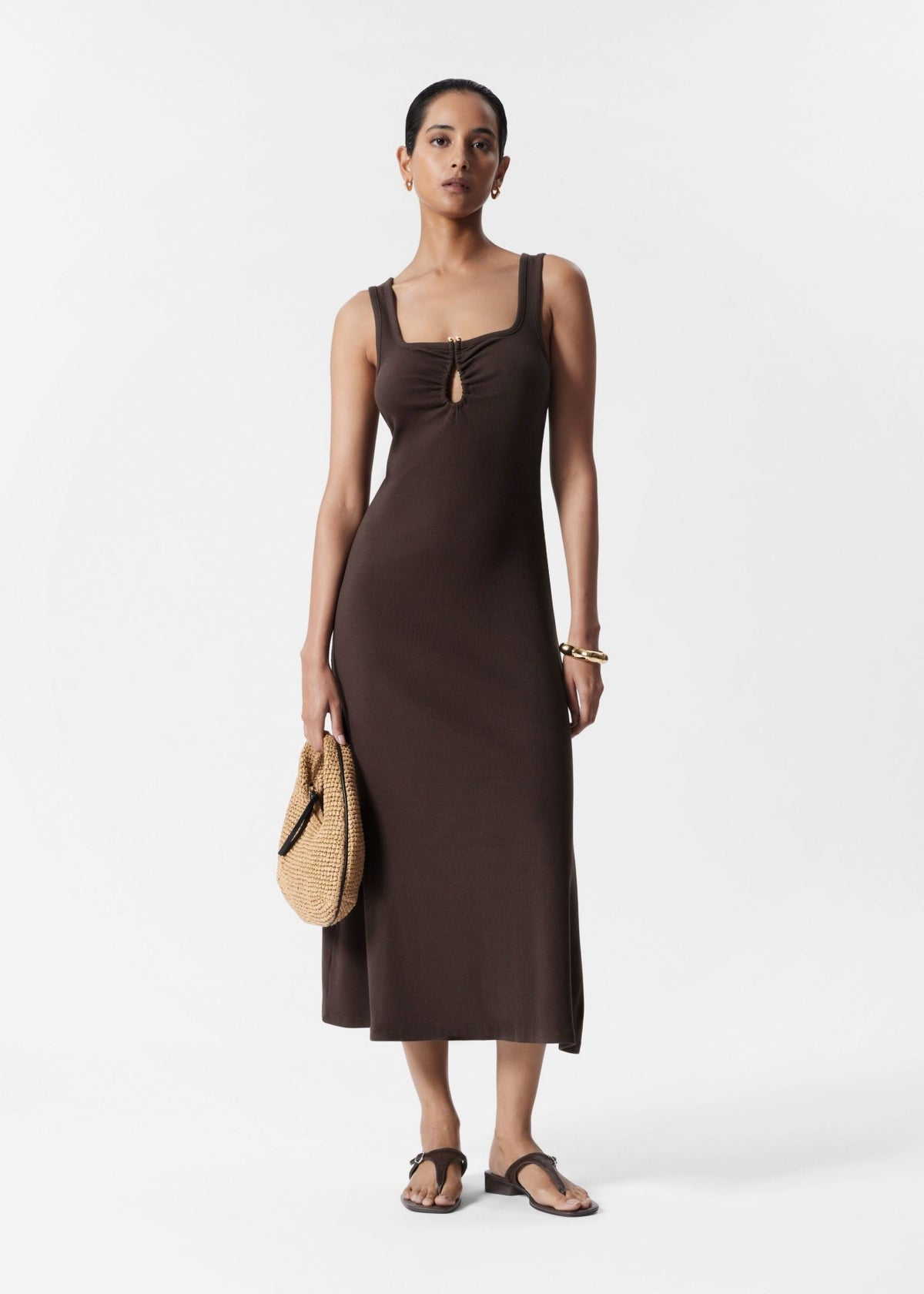 & Other Stories ribbed jersy midaxi dress in brown with metal deco clasp - ASOS Sample Sale