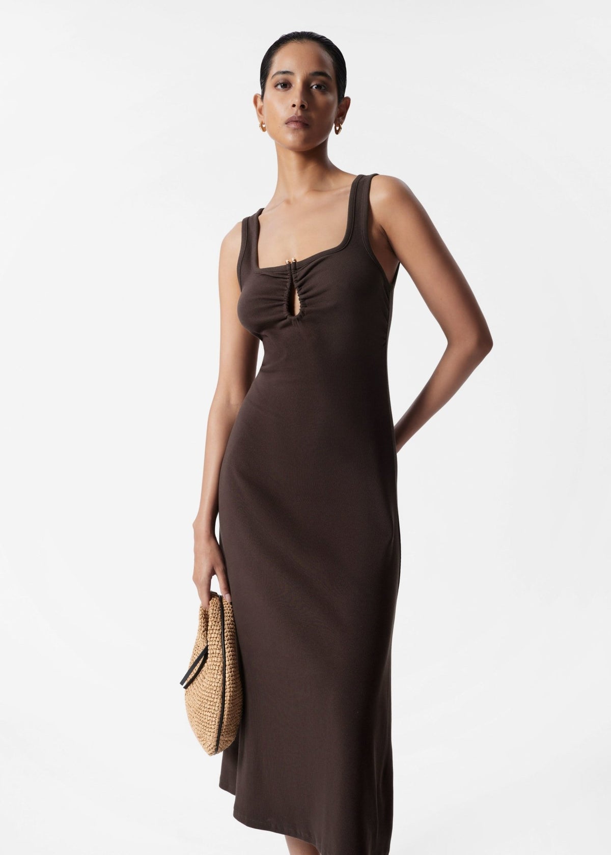 & Other Stories ribbed jersy midaxi dress in brown with metal deco clasp - ASOS Sample Sale
