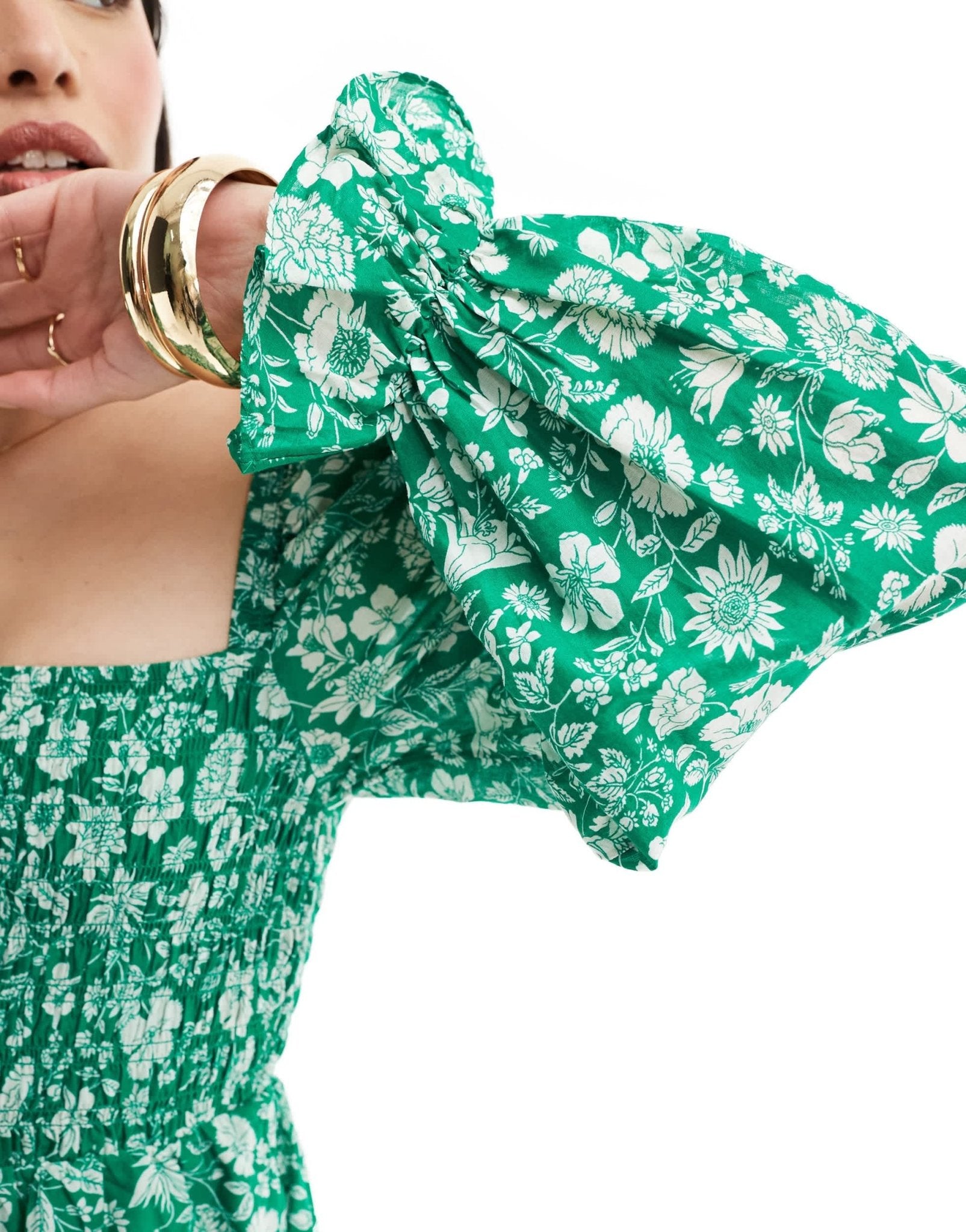 & Other Stories ruche bodice mini dress with volume sleeve and tiered hem in green floral print - ASOS Sample Sale