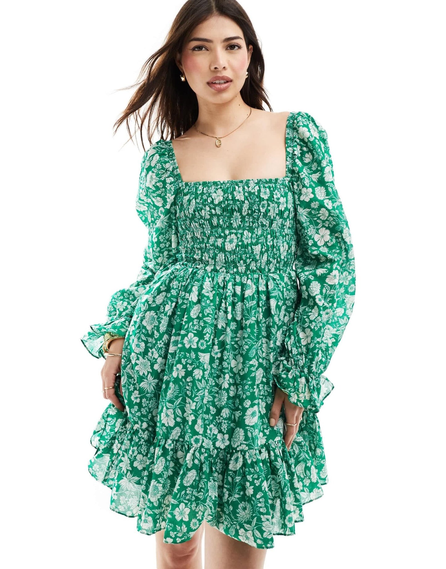 & Other Stories ruche bodice mini dress with volume sleeve and tiered hem in green floral print - ASOS Sample Sale