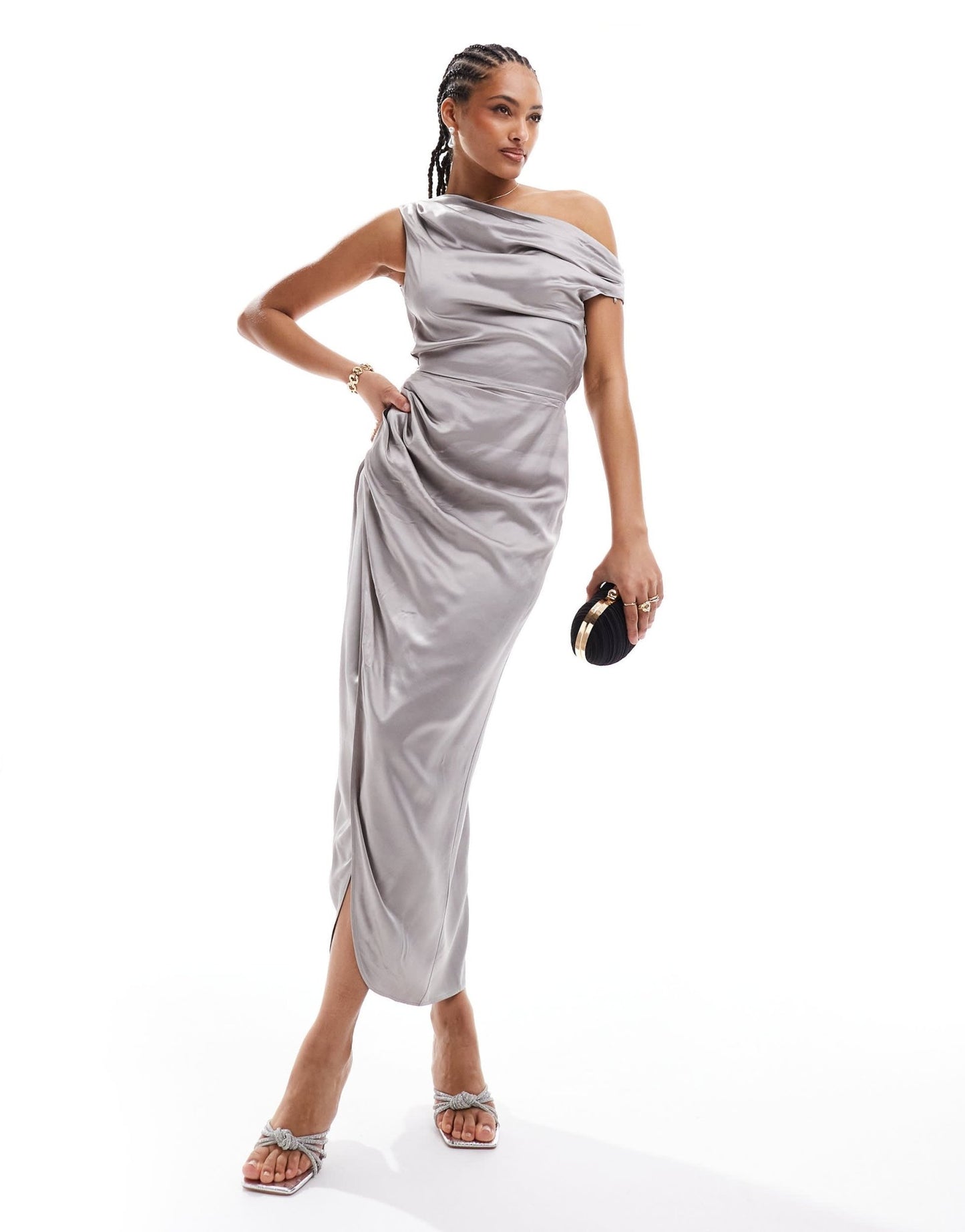 & Other Stories satin drape midaxi dress with side split and off shoulder cowl in grey - ASOS Sample Sale