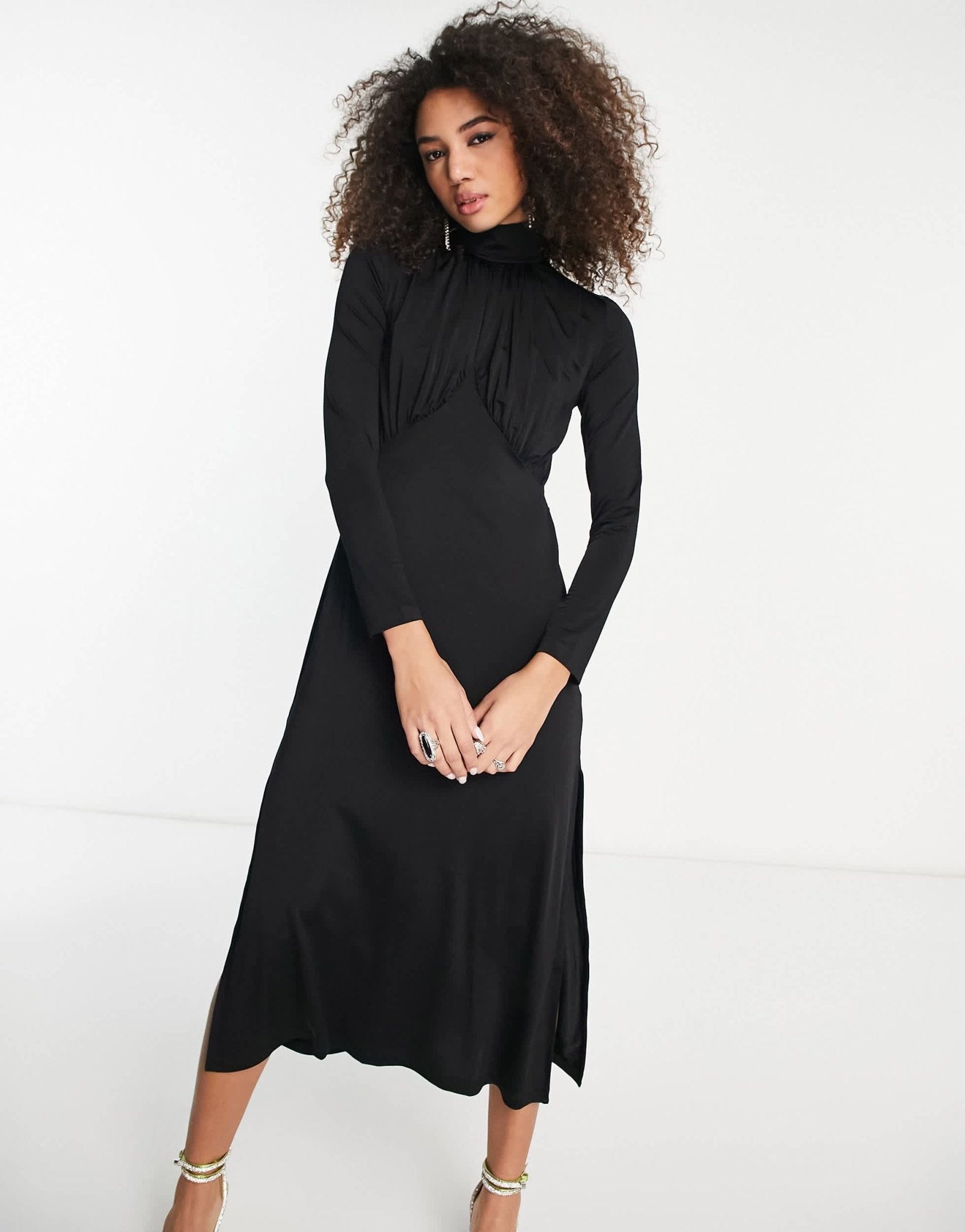 & Other Stories satin high midaxi dress with drape chest detail in black - ASOS Sample Sale
