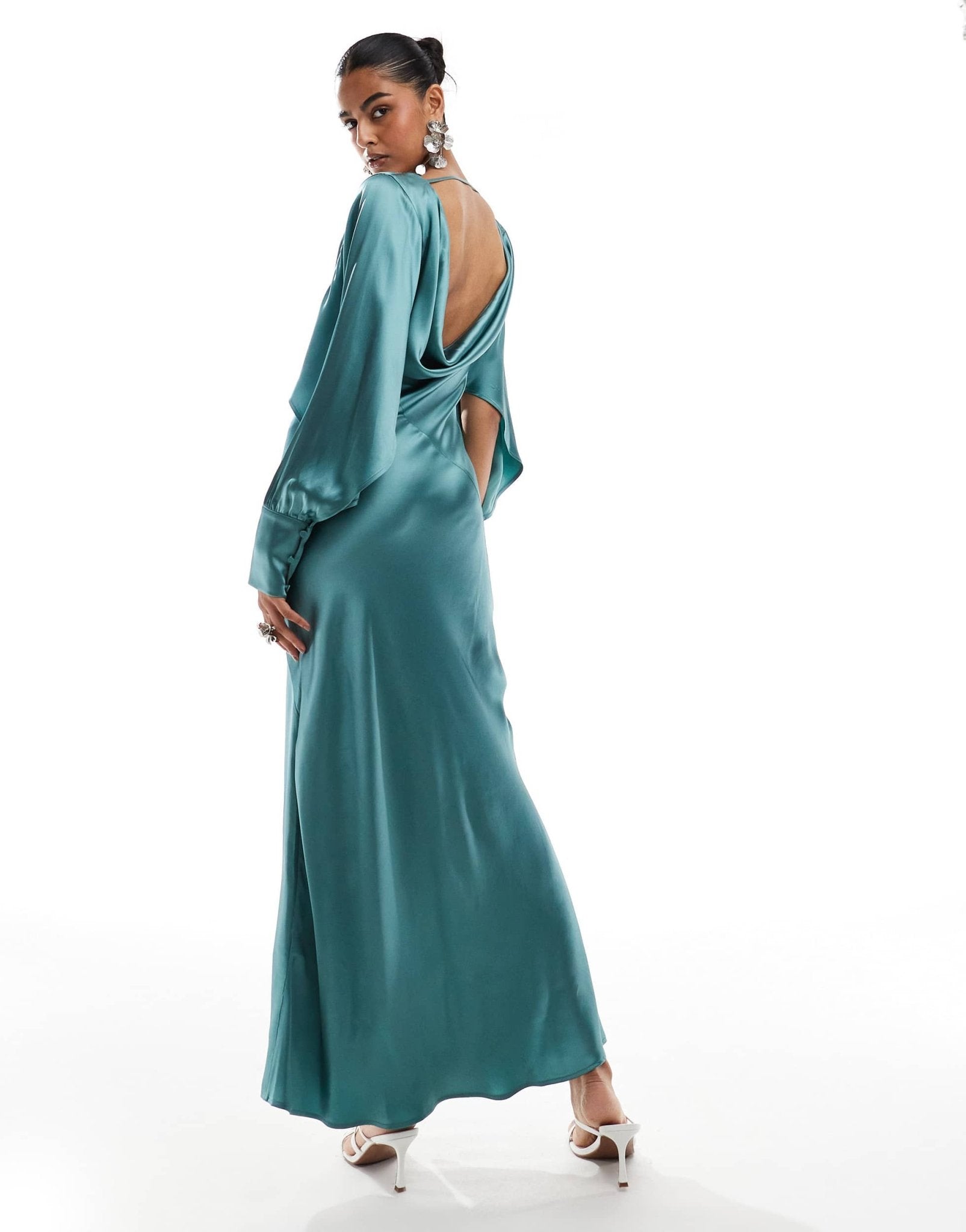 & Other Stories satin long sleeve maxi dress with drape back in green – ASOS Sample Sale