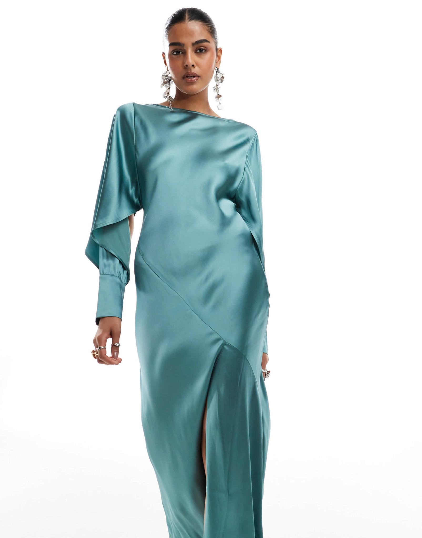 slim fit dress slacks & Other Stories satin long sleeve maxi dress with drape back in green – ASOS  Sample Sale