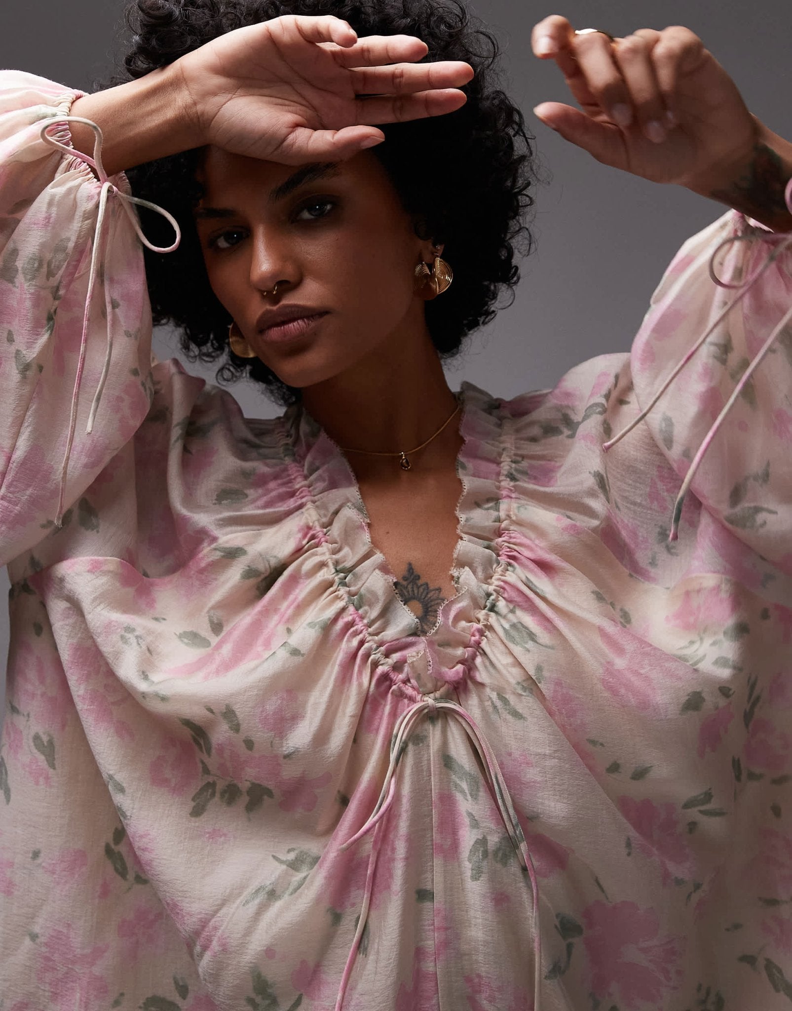 & Other Stories semi sheer mini dress with volume sleeves in floral print - ASOS Sample Sale