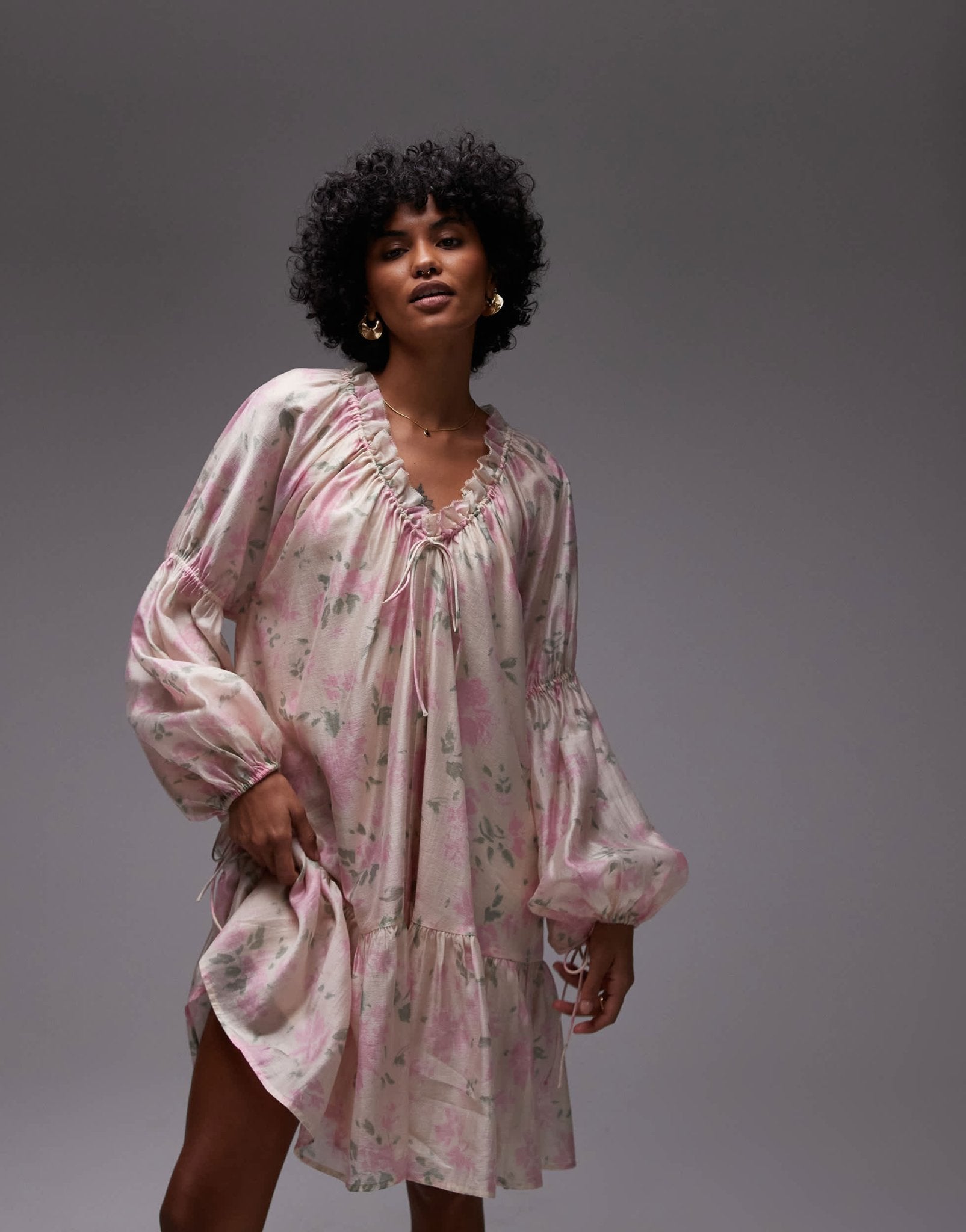 & Other Stories semi sheer mini dress with volume sleeves in floral print - ASOS Sample Sale