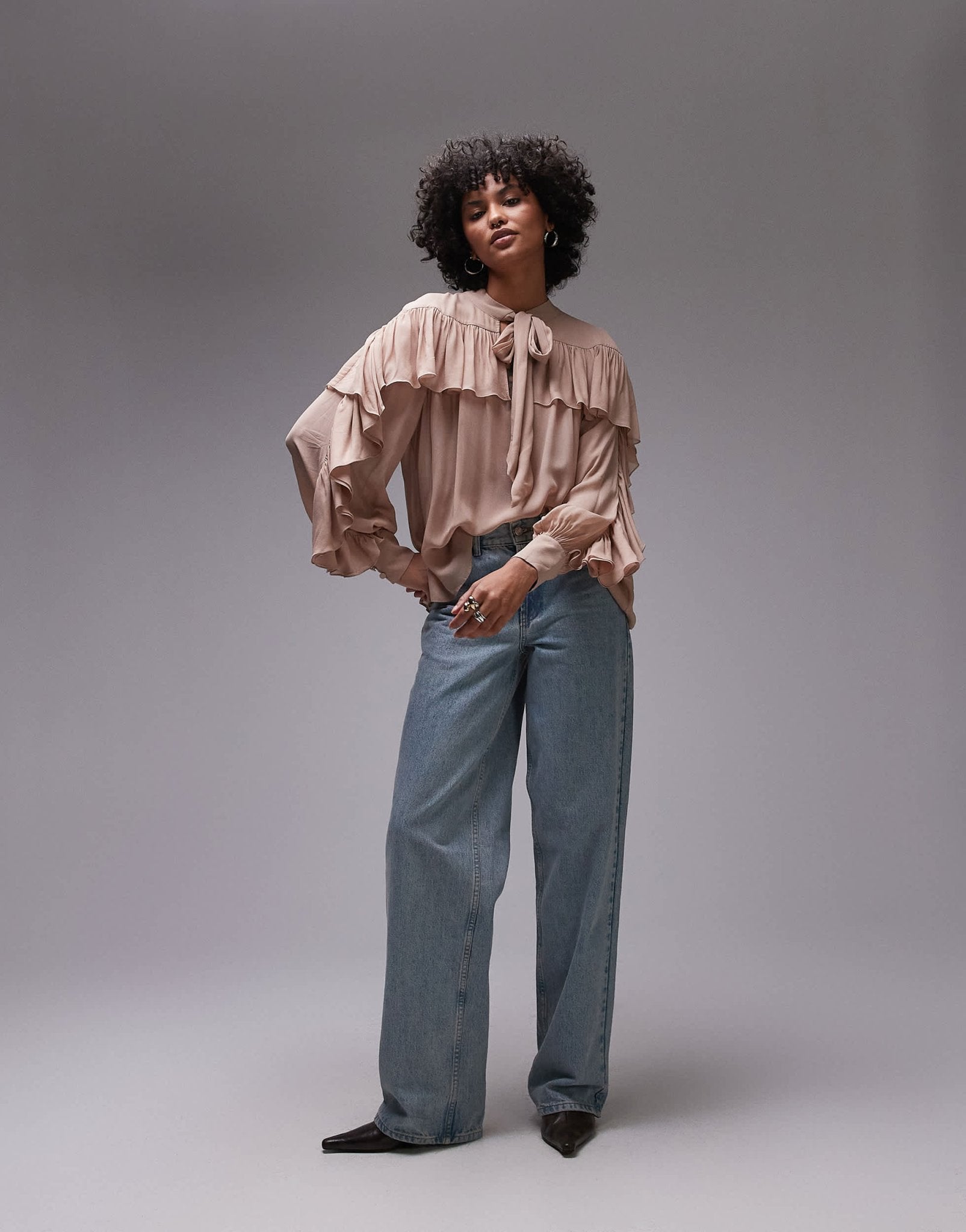 & Other Stories sheer blouse with ruffle detail and scarf neck tie in beige - ASOS Sample Sale