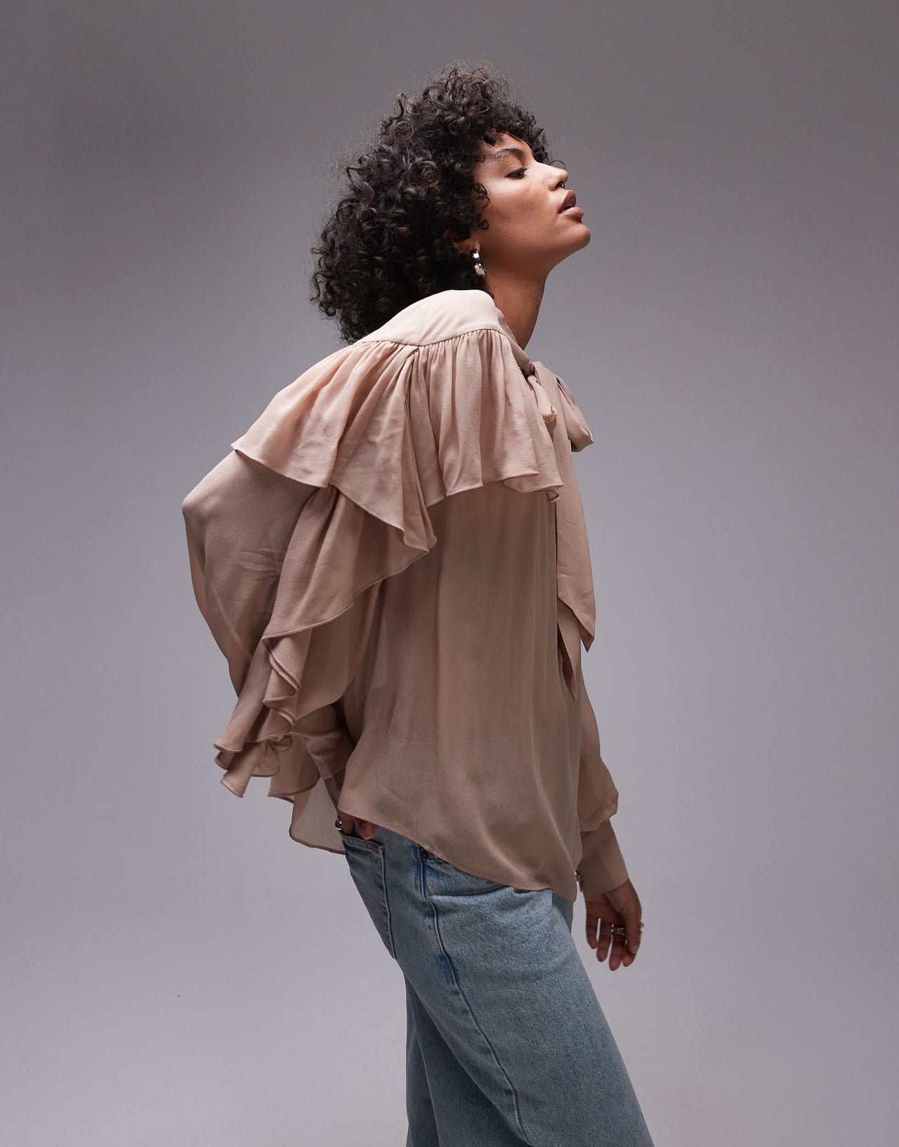 & Other Stories sheer blouse with ruffle detail and scarf neck tie in beige - ASOS Sample Sale