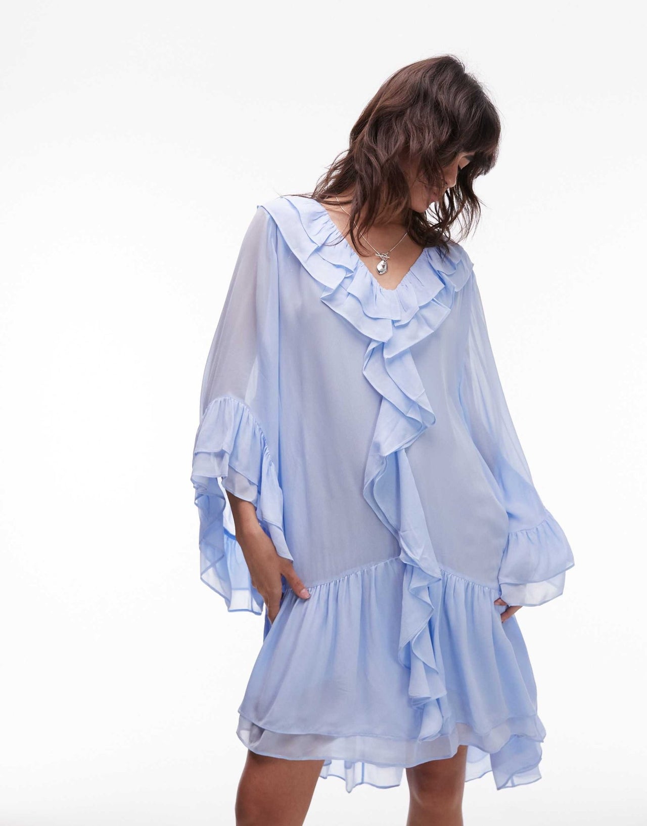 & Other Stories sheer chiffon mini dress with ruffles and tier hem in soft blue - ASOS Sample Sale