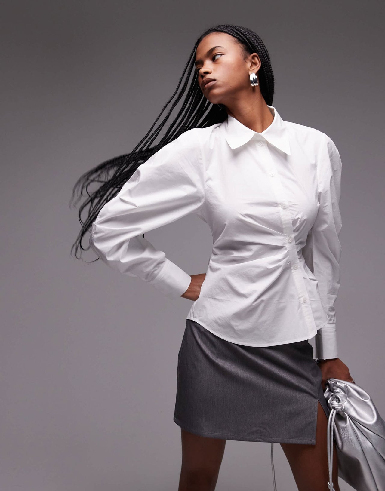 & Other Stories shirt with asymmetric button front with volume sleeves in white - ASOS Sample Sale
