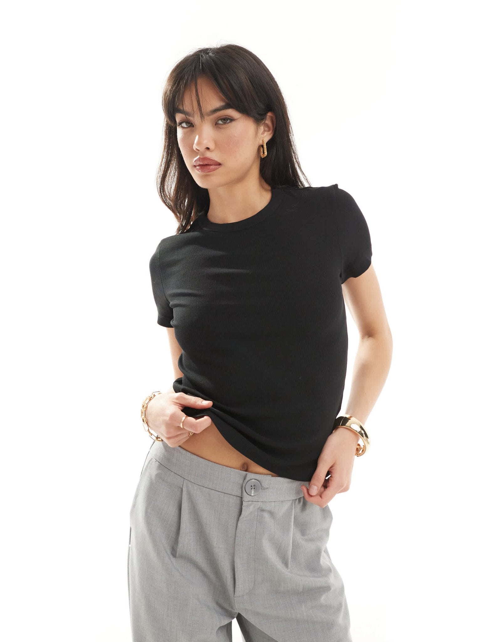 & Other Stories short sleeve ribbed fitted top in black - ASOS Sample Sale