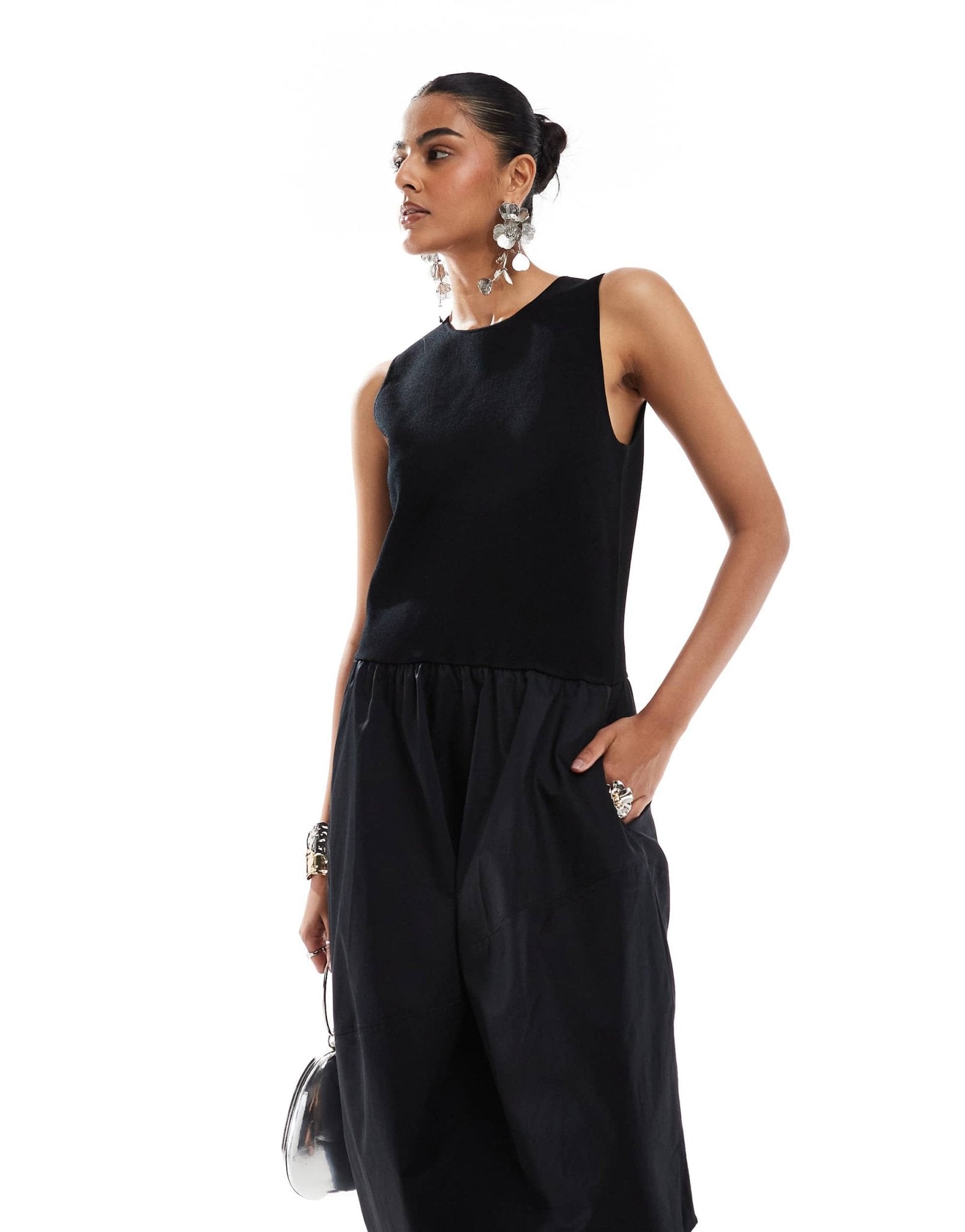 & Other Stories sleeveless contrast fabric midi dress with asymmetric hem in black - ASOS Sample Sale