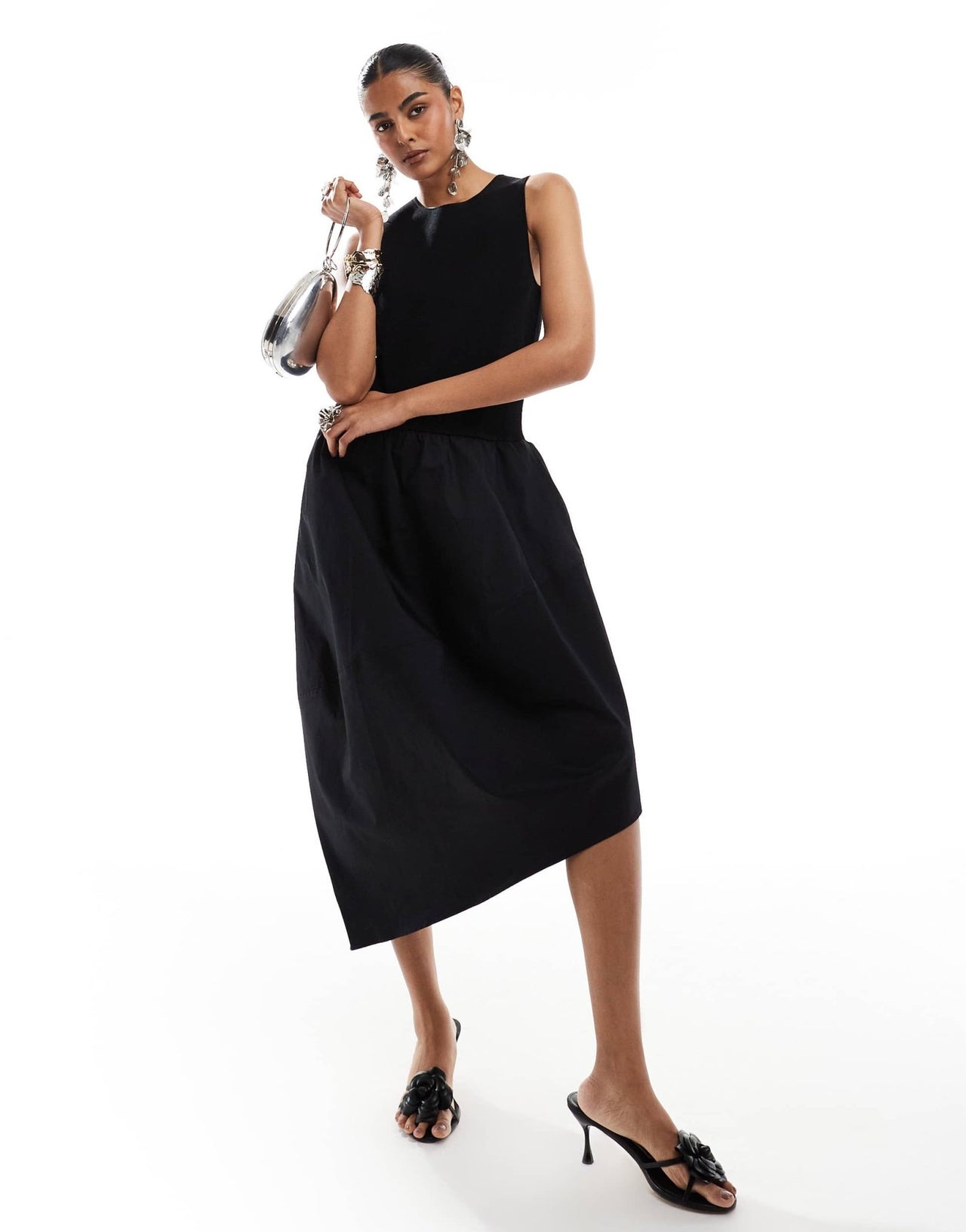 & Other Stories sleeveless contrast fabric midi dress with asymmetric hem in black - ASOS Sample Sale
