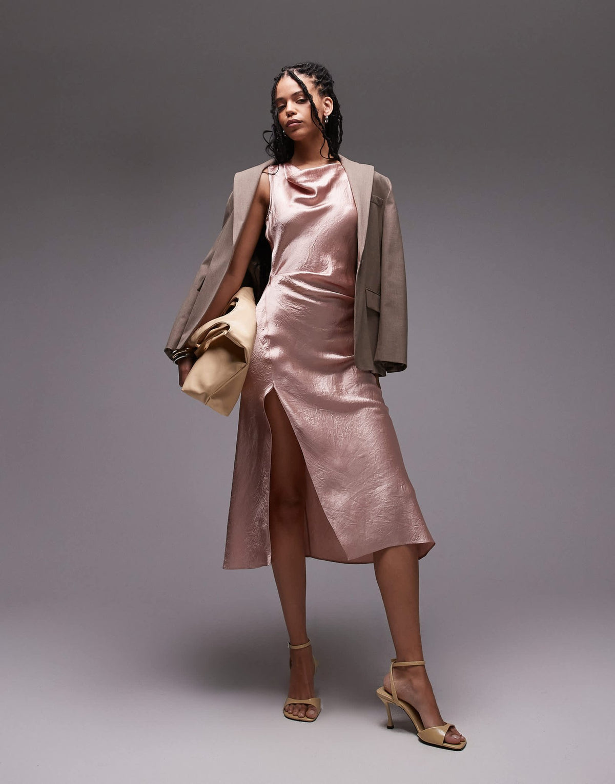 & Other Stories sleeveless hammered satin midaxi dress with drape detail and thigh split in light pink - ASOS Sample Sale