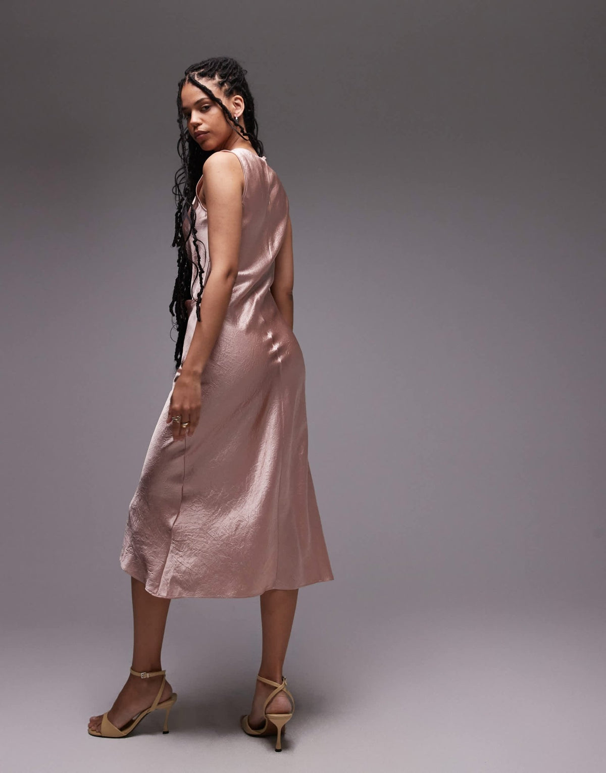 & Other Stories sleeveless hammered satin midaxi dress with drape detail and thigh split in light pink - ASOS Sample Sale