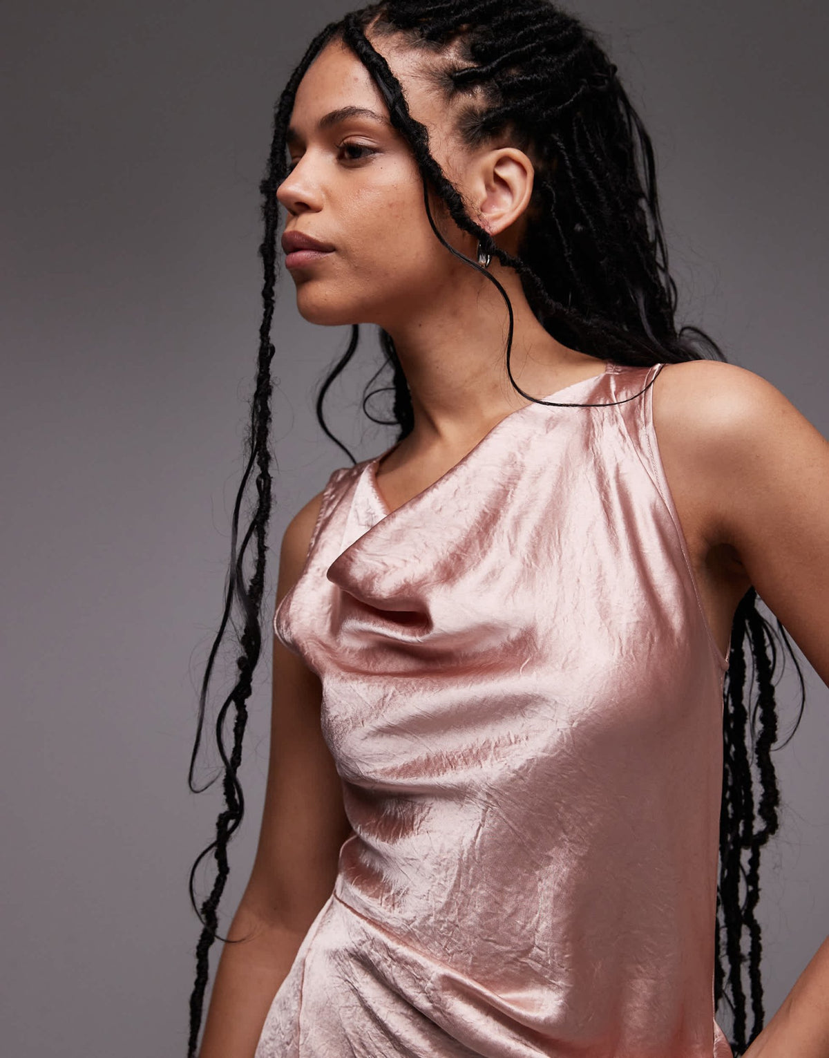 & Other Stories sleeveless hammered satin midaxi dress with drape detail and thigh split in light pink - ASOS Sample Sale
