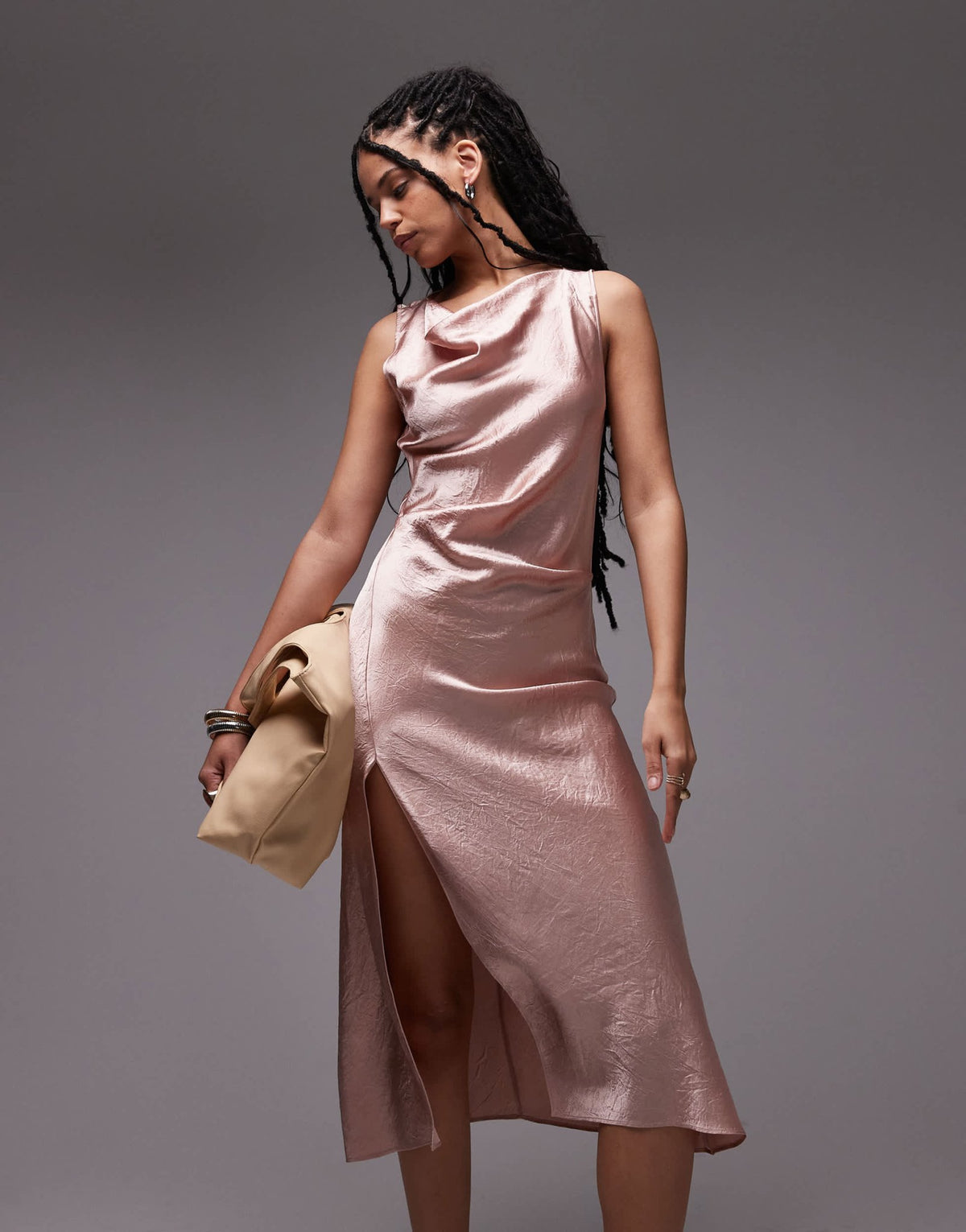 & Other Stories sleeveless hammered satin midaxi dress with drape detail and thigh split in light pink - ASOS Sample Sale