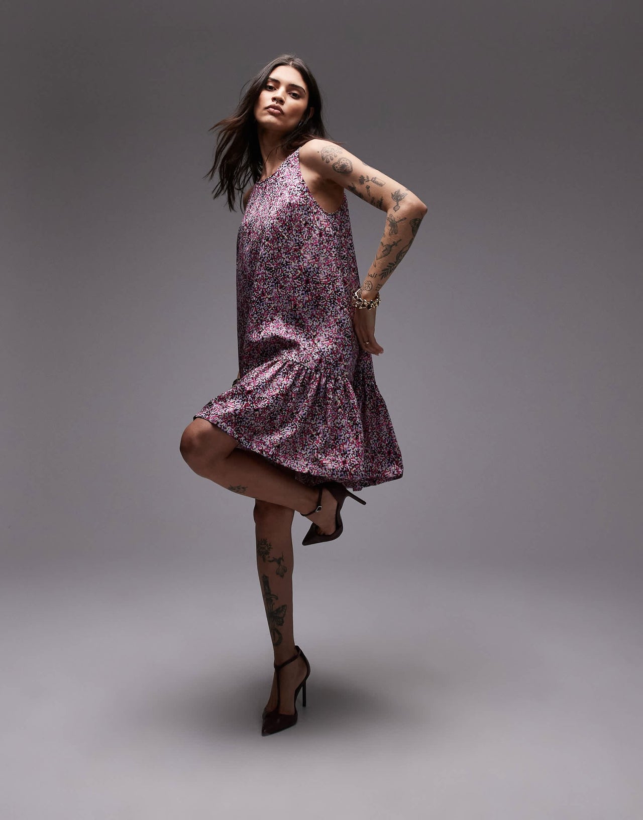 & Other Stories sleeveless mini dress with drop waist in pink mini abstract print - ASOS Sample Sale