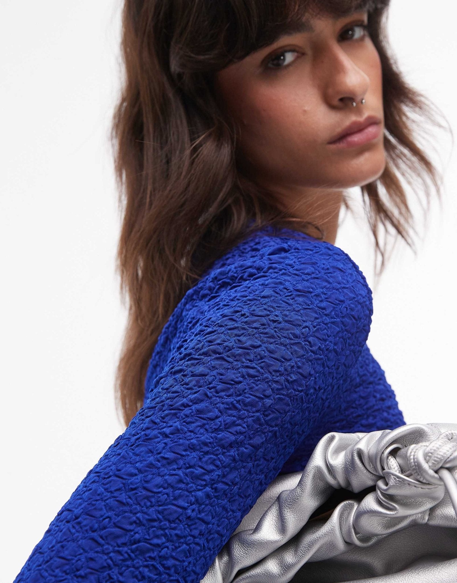 & Other Stories smocked jersey fitted top with long sleeves in cobalt blue - ASOS Sample Sale