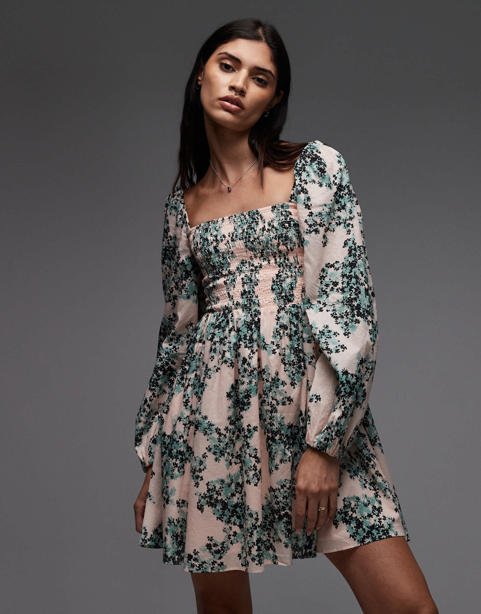 & Other Stories square neck mini dress with shirred bodice and peep cut out back in floral print - ASOS Sample Sale