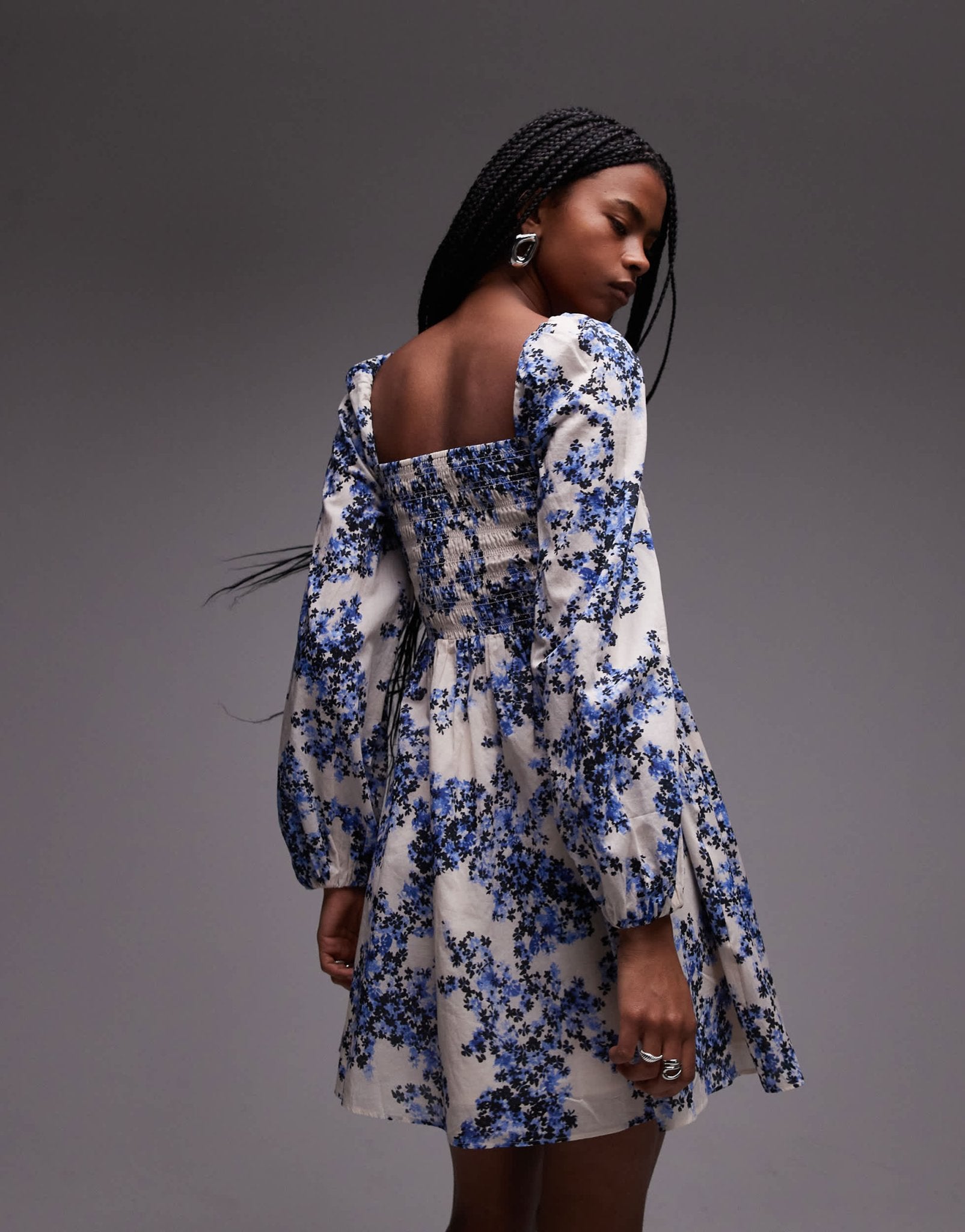 & Other Stories square neck mini dress with shirred bodice in blue floral print - ASOS Sample Sale