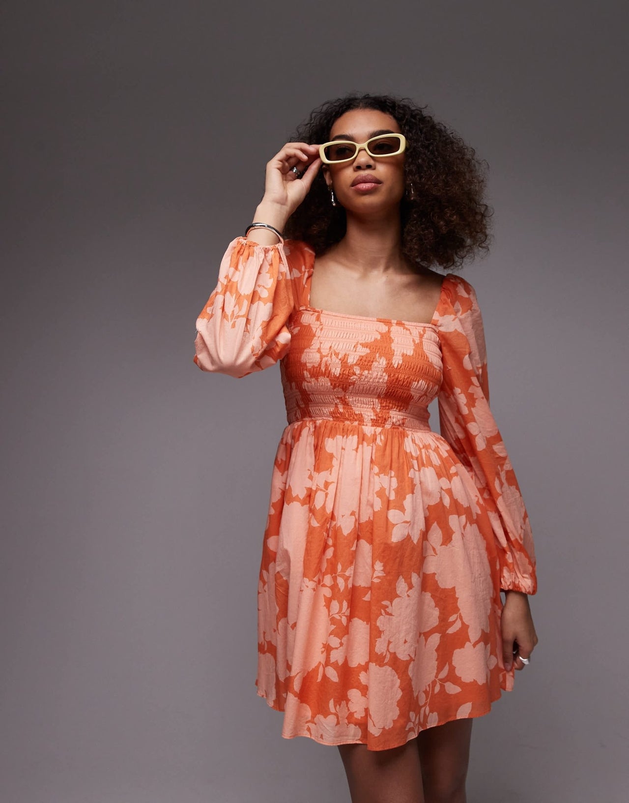 & Other Stories square neck shirred bodice mini dress with peep cut out back in orange floral print - ASOS Sample Sale