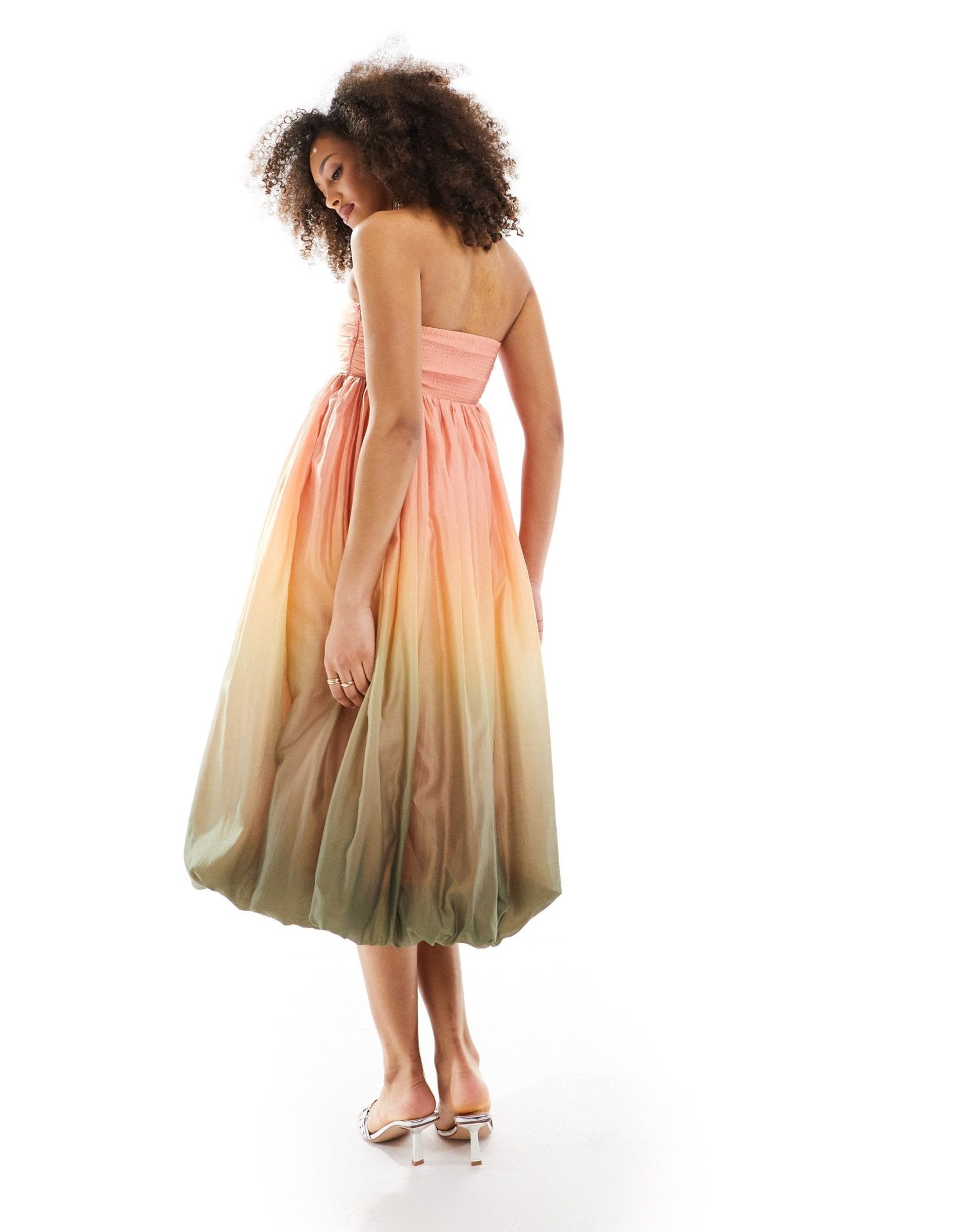 & Other Stories strapless midaxi dress with puffball hem in soft peach and sage ombre print - ASOS Sample Sale