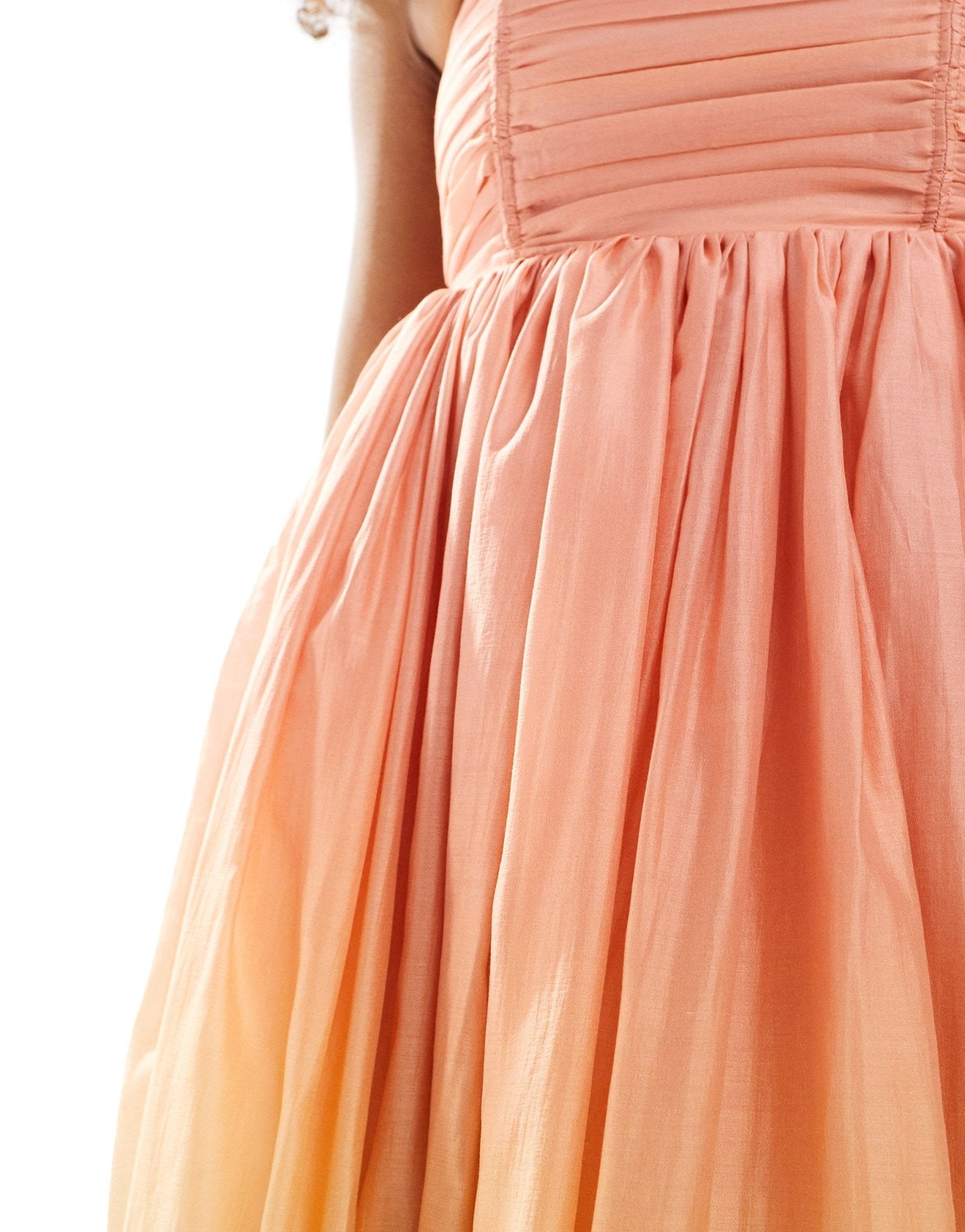 & Other Stories strapless midaxi dress with puffball hem in soft peach and sage ombre print - ASOS Sample Sale