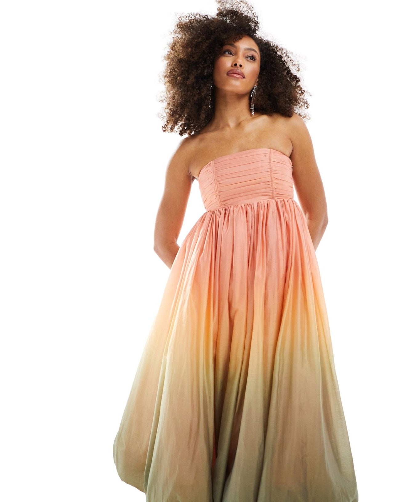 & Other Stories strapless midaxi dress with puffball hem in soft peach and sage ombre print - ASOS Sample Sale