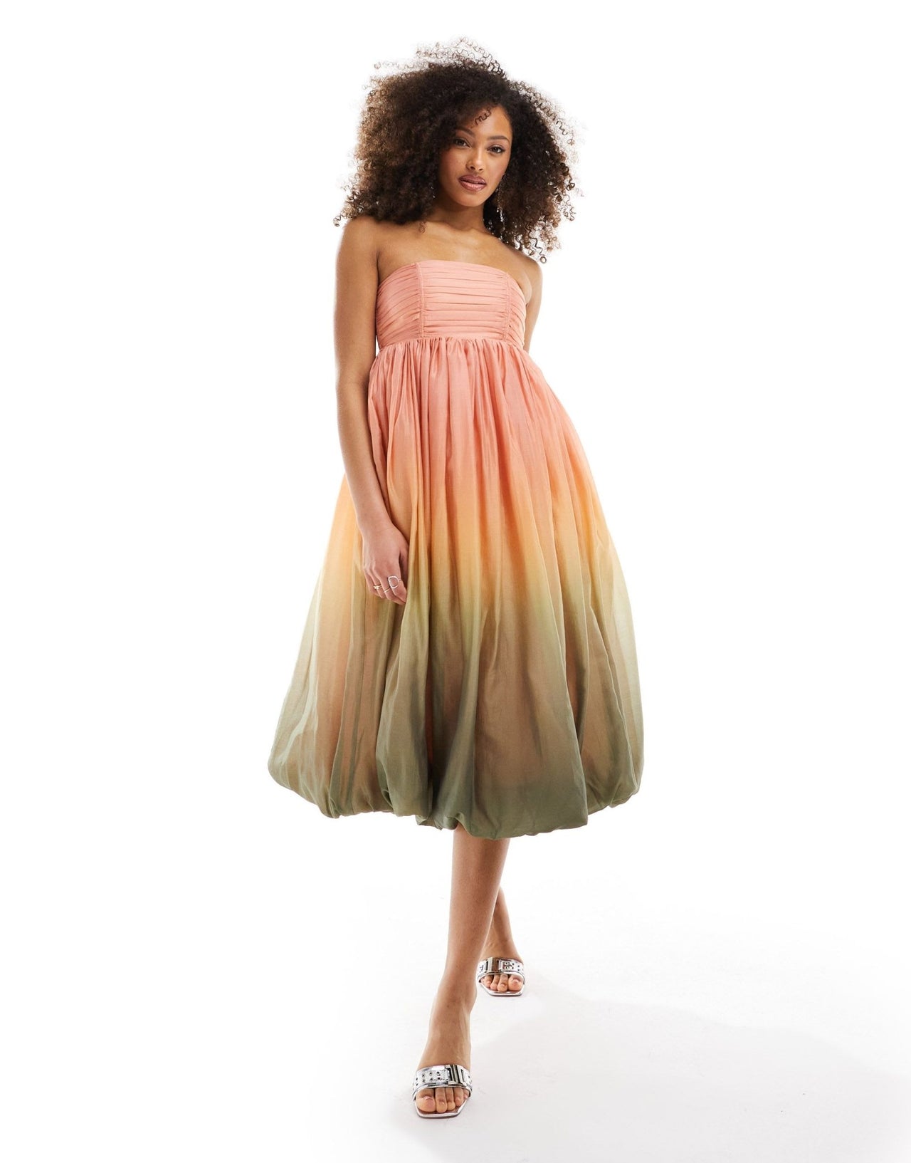 & Other Stories strapless midaxi dress with puffball hem in soft peach and sage ombre print - ASOS Sample Sale