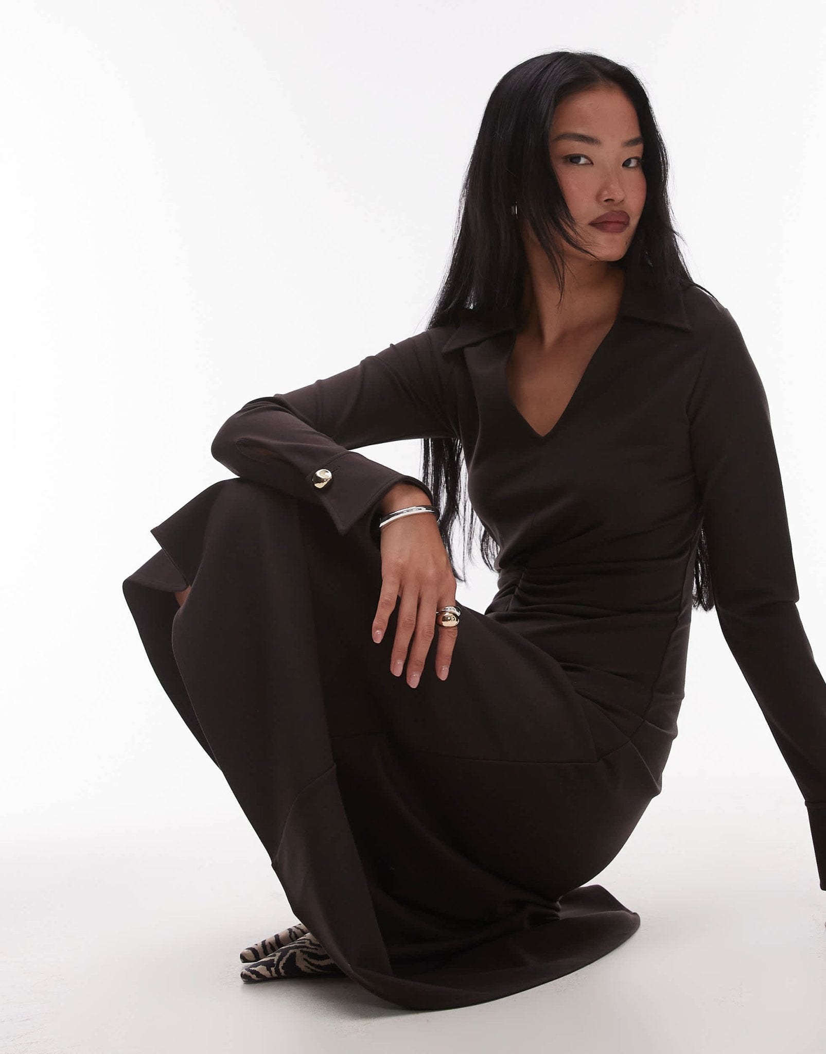 & Other Stories structured jersey midaxi dress with collar in brown - ASOS Sample Sale