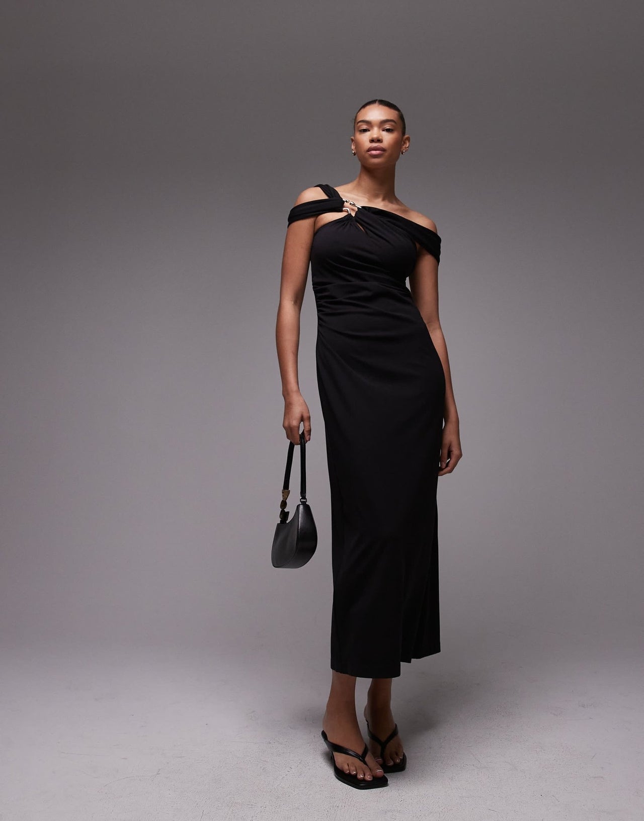 & Other Stories structured jersey midi dress with off shoulder and metal clasp in black - ASOS Sample Sale