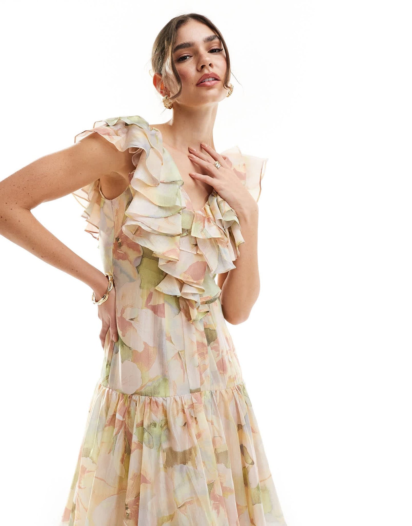 & Other Stories tiered maxi dress with ruffle detail in watercolour floral print - ASOS Sample Sale